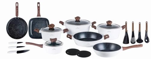 Ensemble de casseroles et poêles - Batterie de cuisine 21 pièces - revêtement en marbre - avec couvercles en verre / Vente de liquidation - NEUF ET SCELLÉ !