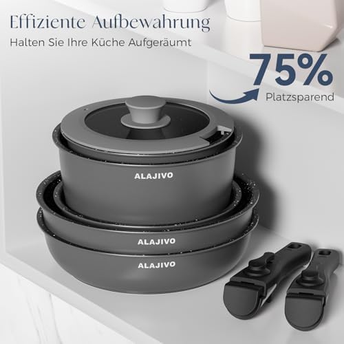 Topfset mit Abnehmbarer Griff, 17-Teilig Topfsets Pfannenset mit Antihaft Beschichtet, Topfset Induktion Kochtopf Set mit Deckel, für Alle Herdarten, Backofenfest, Ofenfest (grau)