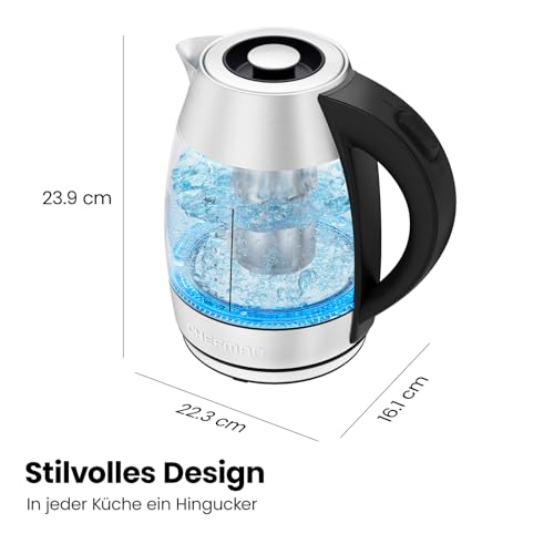 Elektrischer Wasserkocher Glas mit Teesieb, 1.8 Liter, LED-Anzeige / BPA-Frei, 2200 Watt, Edelstahl