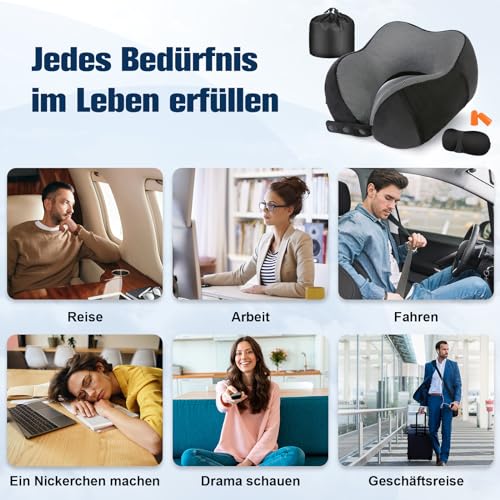Cirorld Nackenkissen Flugzeug, Nackenhörnchen Erwachsene, Reisekissen Memory Foam, Verstellbares Kompaktes Nackenkissen Reise, Ergonomisches Weich Atmungsaktiv mit Ohrstöpseln, Augenmaske,Tragetasche