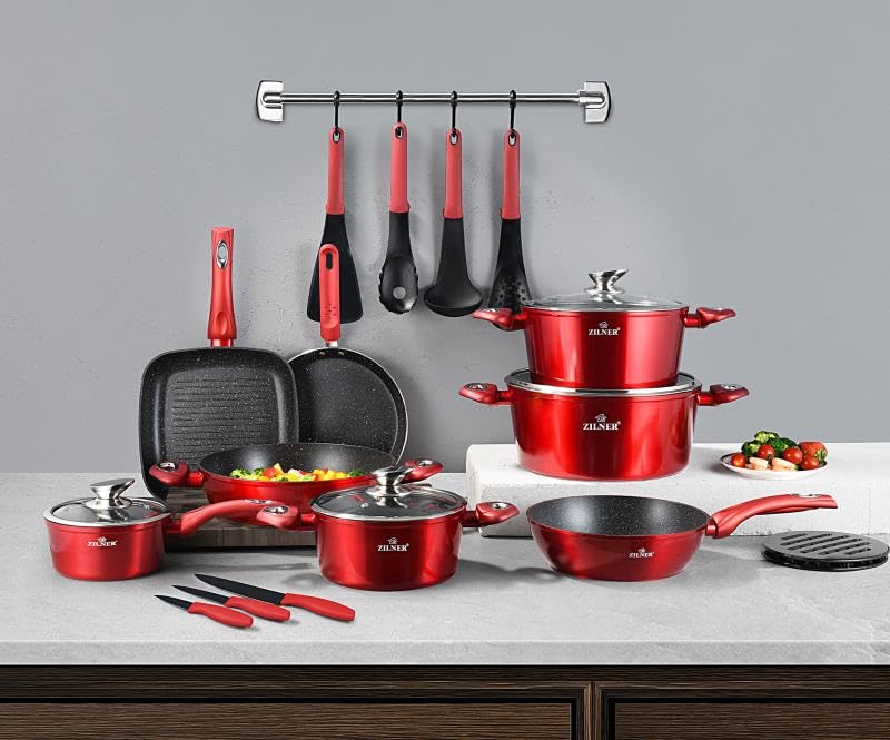 Ensemble de casseroles et poêles - Batterie de cuisine 21 pièces - revêtement en marbre - avec couvercles en verre / Vente de liquidation - NEUF ET SCELLÉ !