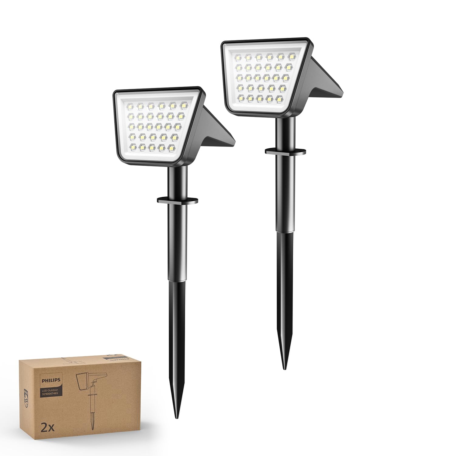 Philips 4 Stück Solarstrahler für Außen Garten, 28 LEDs 7500K Kaltweiß Solarbetriebene Landschaftsbeleuchtung, Wasserdicht Wegeleuchten, Dusk to Dawn – Für Garten, Hof, Rasen, Gehweg