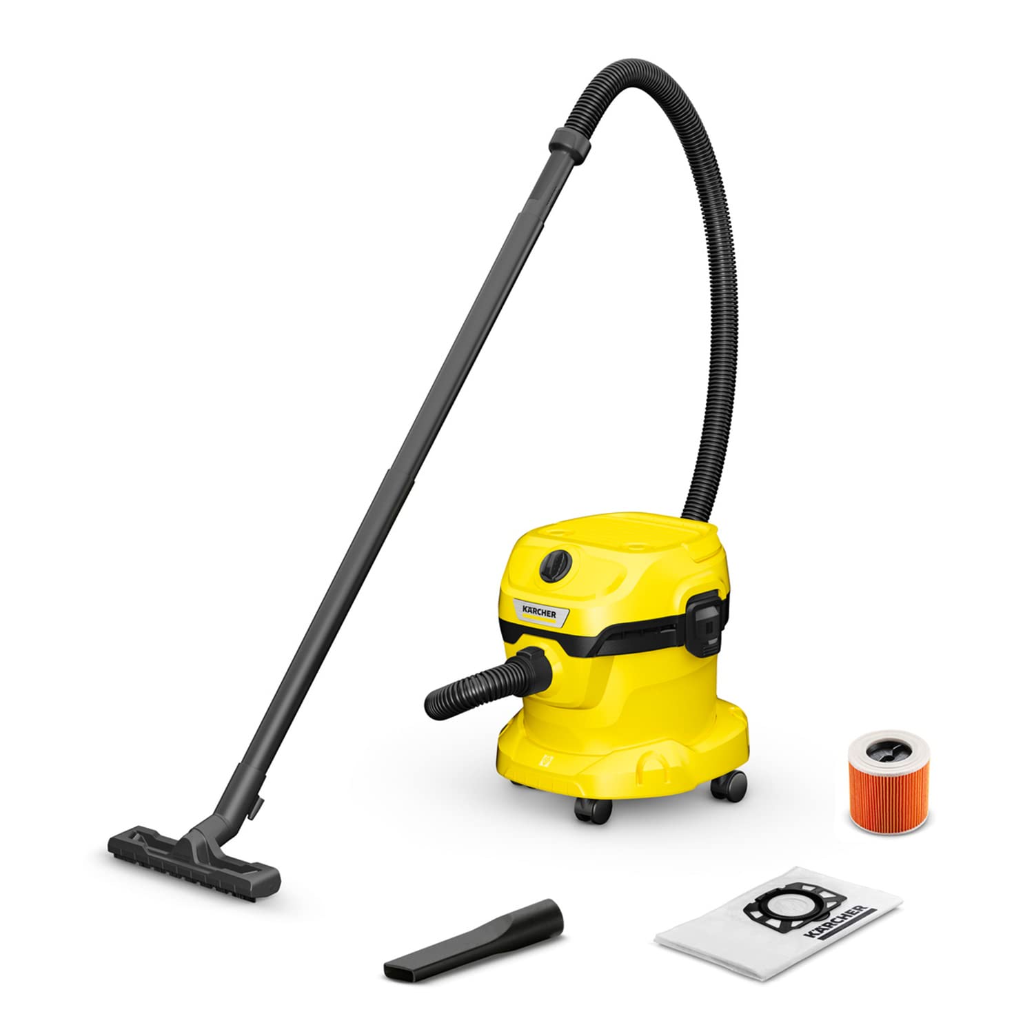 KÄRCHER Nass-/Trockensauger WD 2 Plus V-12/4/18/C, inkl. Patronenfilter, Vliesfilterbeutel, 1.000 W, Kunststoffbehälter: 12 l, Saugschlauch: 1,8 m, Blasfunktion, Boden- und Fugendüse, Schwarz, Gelb