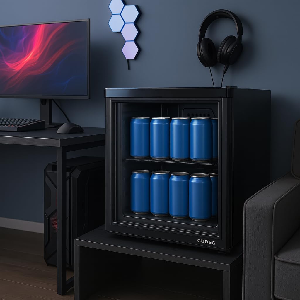 Mini-Kühlschrank, Schwarz, 48 L, Ruhig und Energieeffizient, Kompakt-Getränkekühlschrank mit Glastür, Perfekt für Büro, Gaming & Camping, Kleiner Kühlschrank Mini Kühlschrank