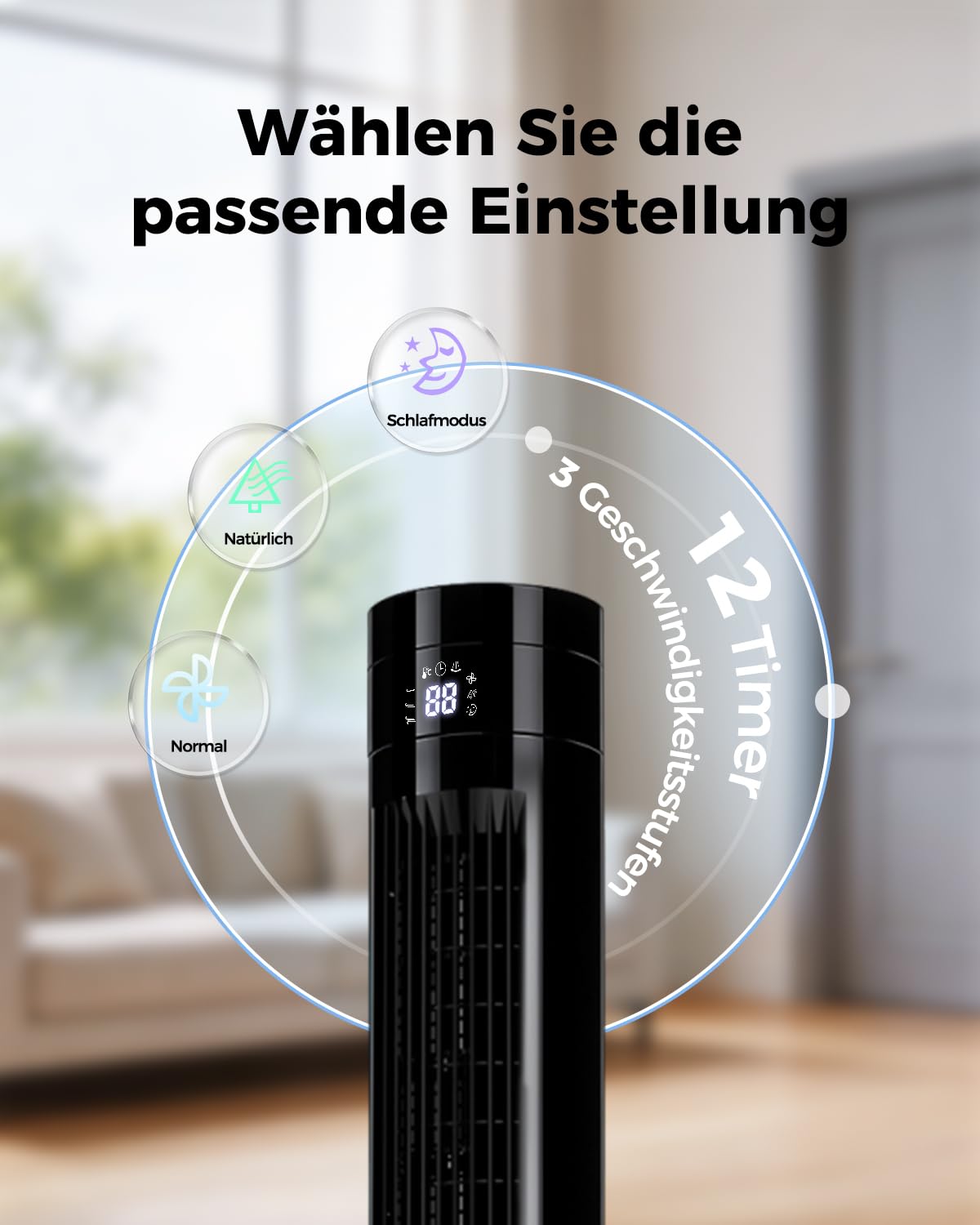 Turmventilator mit Fernbedienung, 85°-Oszillation, leiser Standventilator (28 dB), 3 Geschwindigkeitsstufen, 2 Modi, 12-Stunden-Timer, LED-Anzeige, für Schlafzimmer, Büro und Zuhause