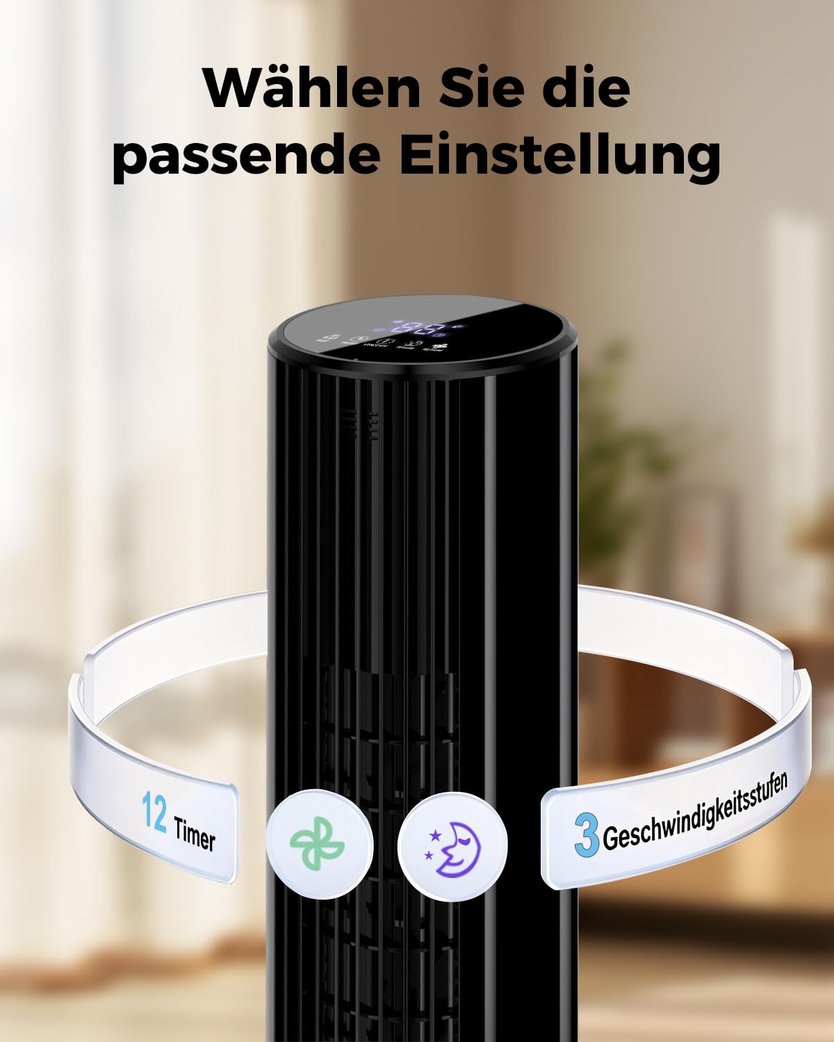 Turmventilator mit Fernbedienung, 85°-Oszillation, leiser Standventilator (28 dB), 3 Geschwindigkeitsstufen, 2 Modi, 12-Stunden-Timer, LED-Anzeige, für Schlafzimmer, Büro und Zuhause