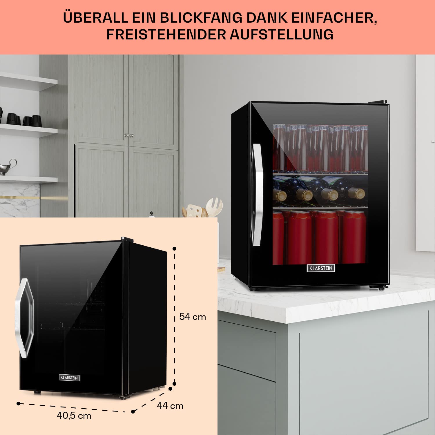 Getränkekühlschrank 33 L – Mini Kühlschrank mit Glastür, Silber-Schwarz | LED-Beleuchtung, herausnehmbare Metallablagen, leise, Flaschenkühlschrank für Getränke & Dosen