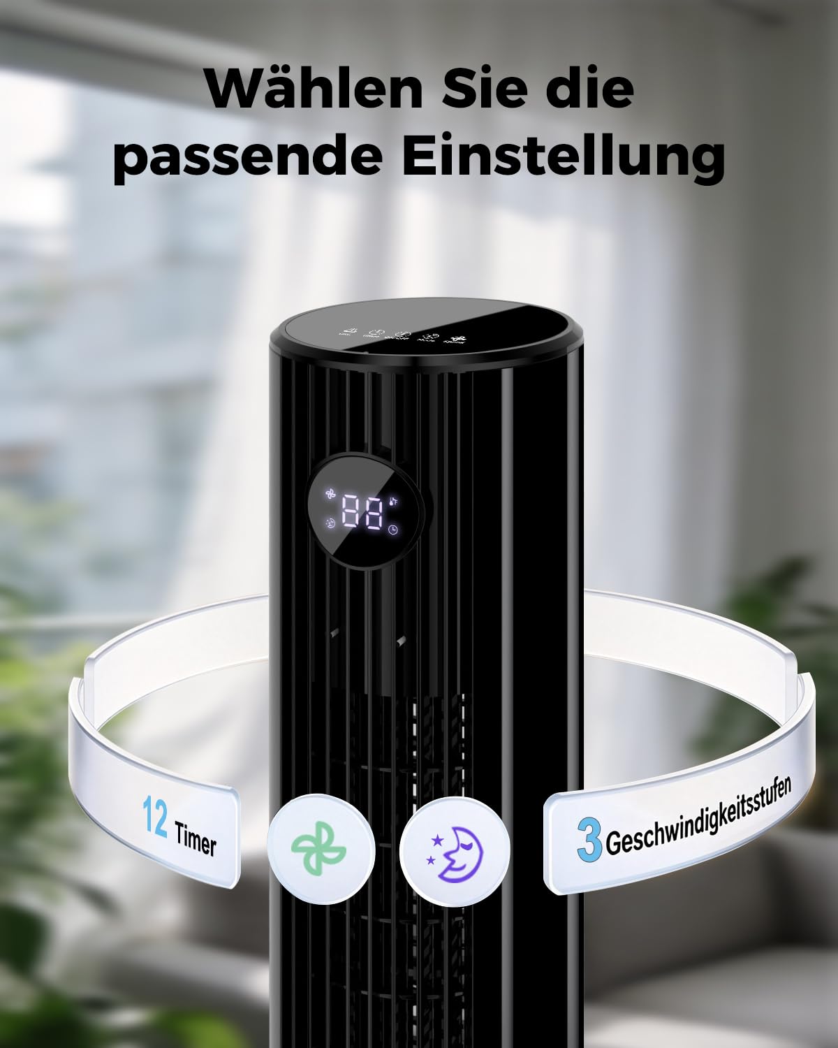 Turmventilator mit Fernbedienung, 85°-Oszillation, leiser Standventilator (28 dB), 3 Geschwindigkeitsstufen, 2 Modi, 12-Stunden-Timer, LED-Anzeige, für Schlafzimmer, Büro und Zuhause