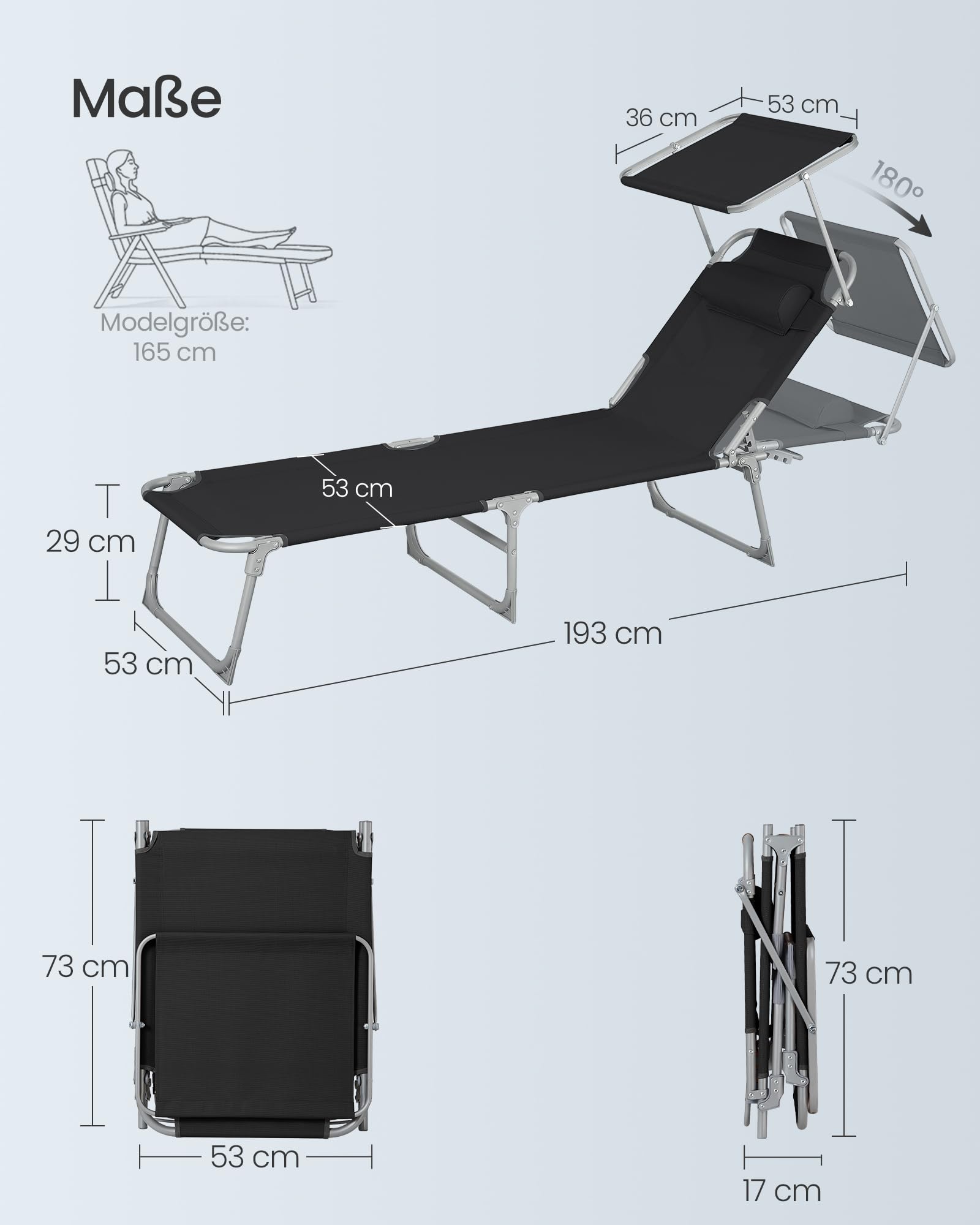 Sonnenliege, klappbarer Liegestuhl, 193 x 53 x 29 cm, trägt bis zu 150 kg, Sonnenschutz, Kopfkissen, verstellbare Rückenlehne, für Garten, Pool, Terrasse