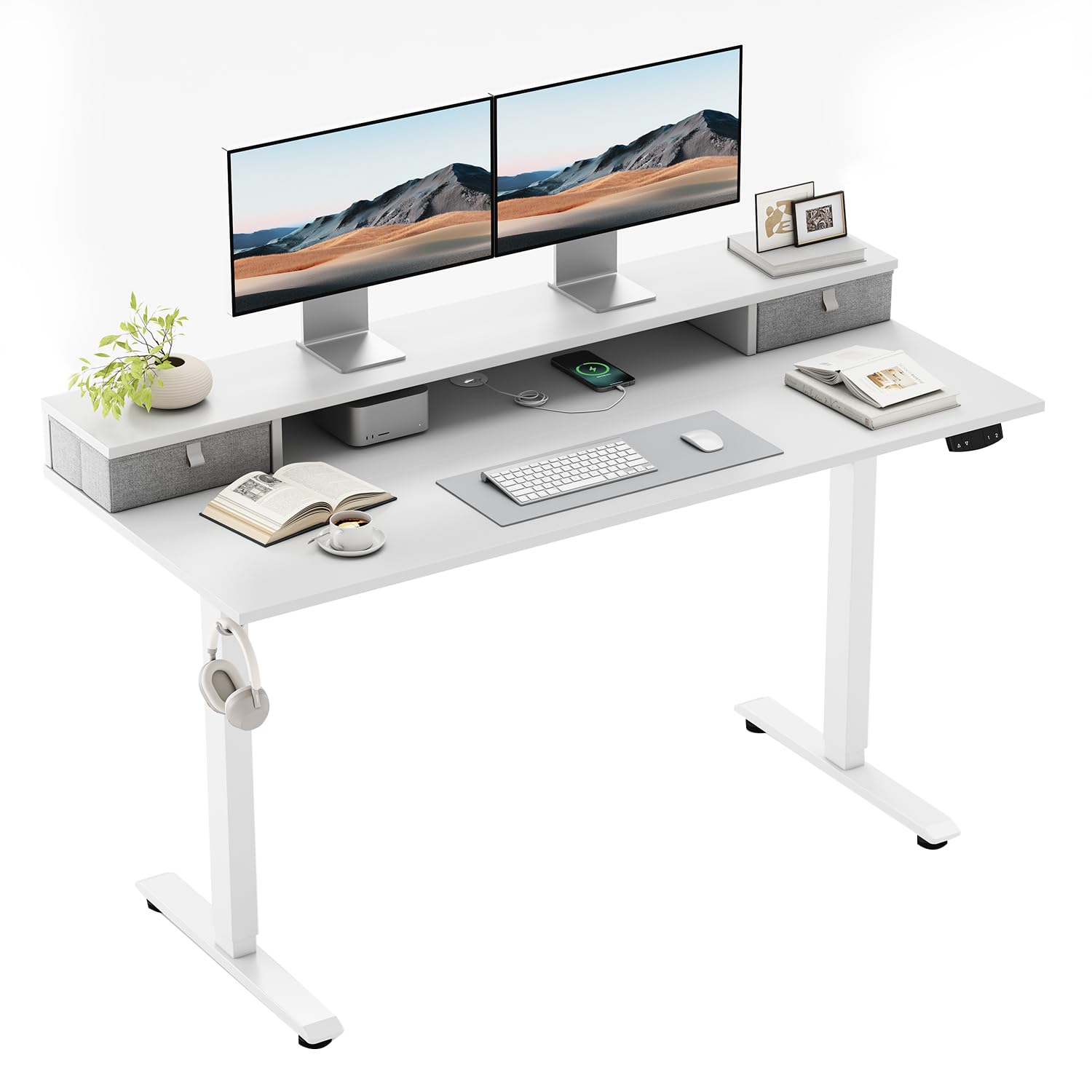Höhenverstellbarer Schreibtisch mit Doppelschubladen, Elektrisch Höhenverstellbarer Schreibtisch, Sitz-Steh-Computertisch, Ergonomischer Stehschreibtisch