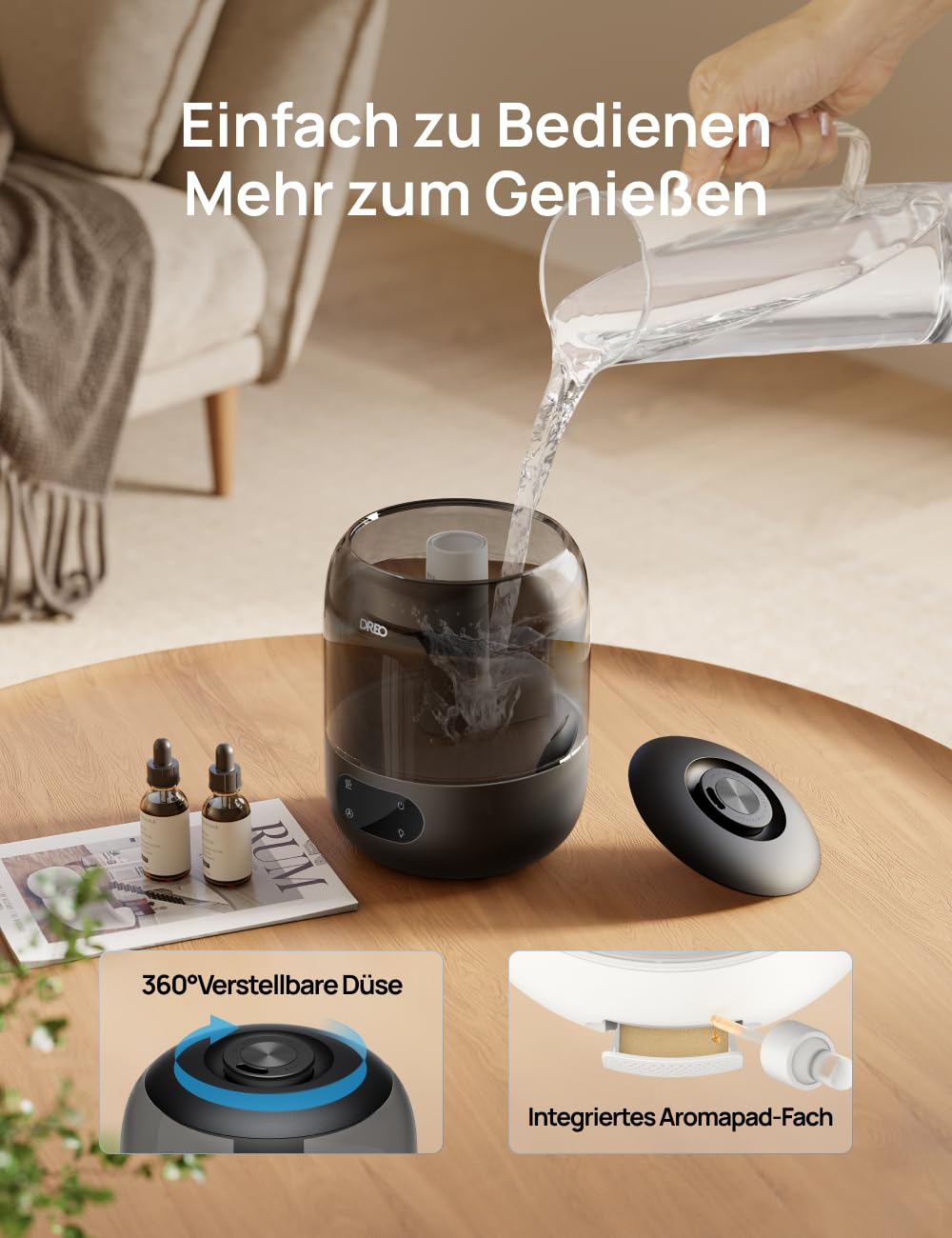 Luftbefeuchter für das Schlafzimmer, Kaltnebel-Ultraschallgerät mit 30 Stunden Laufzeit, 3L Top-Fill-Tank, Feuchtigkeitssensor, Nachtlicht für Babys, Kinderzimmer, für Pflanzen und Zuhause
