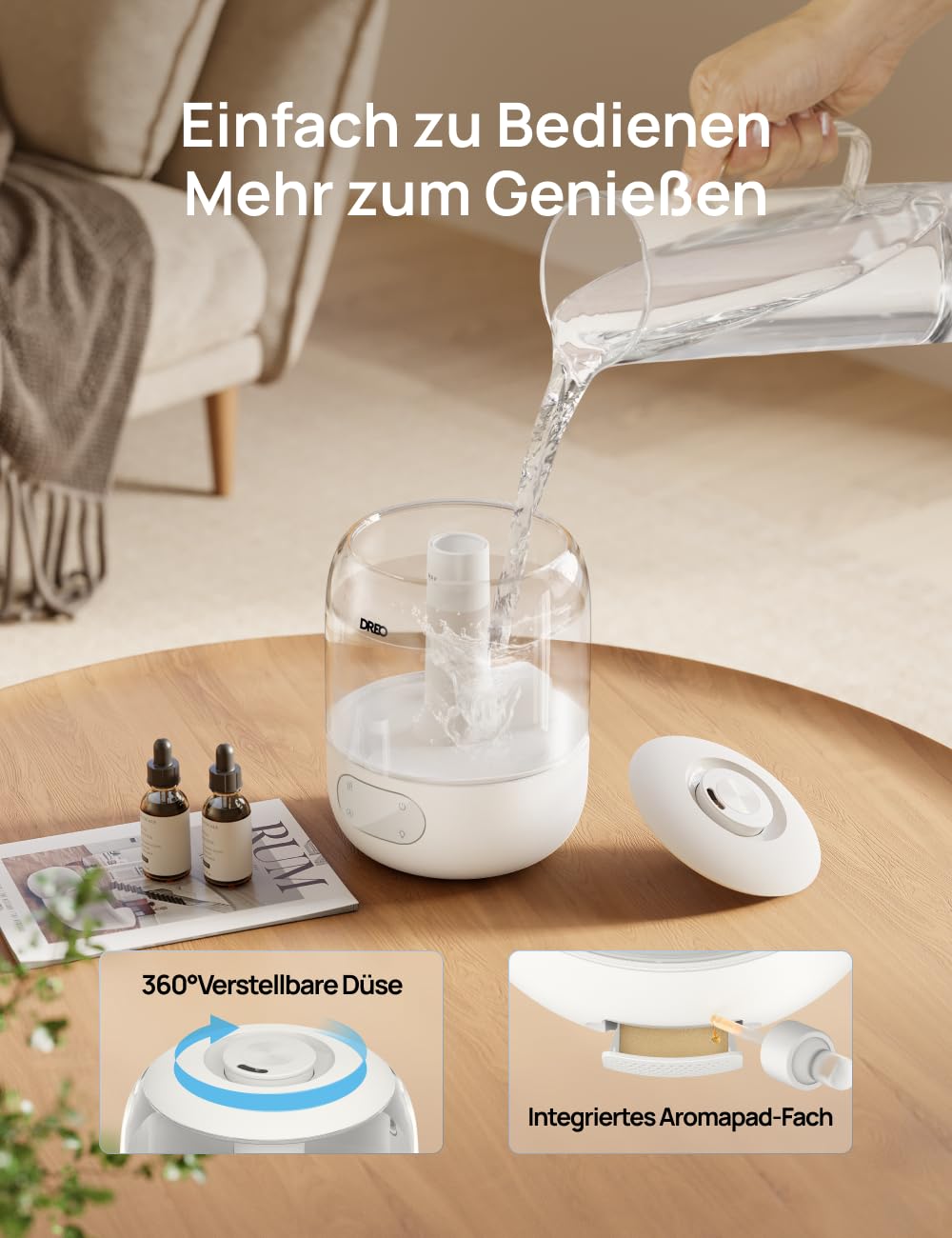 Luftbefeuchter für das Schlafzimmer, Kaltnebel-Ultraschallgerät mit 30 Stunden Laufzeit, 3L Top-Fill-Tank, Feuchtigkeitssensor, Nachtlicht für Babys, Kinderzimmer, für Pflanzen und Zuhause