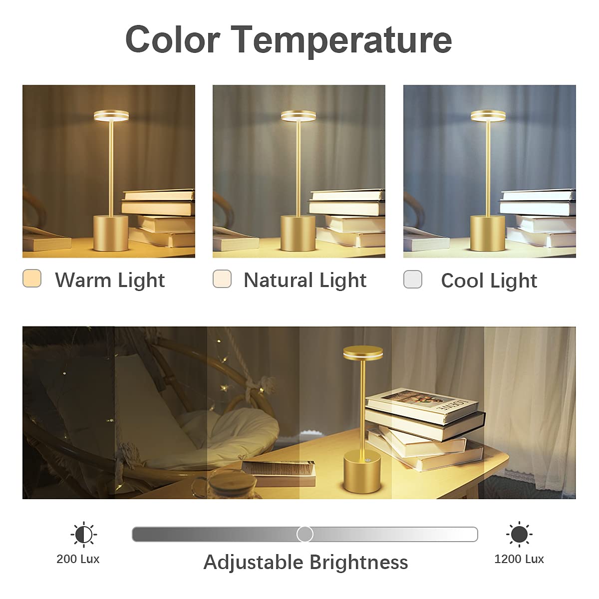LED Batterie Tischlampen, Wireless, 5000 mAh Modern dimmbar Tischlampe, Aluminium, 3 Farbtemperaturen, Tischlampen Wiederaufladbar für Innen-, Aussen-, Nachttisch, Esstisch, Bar