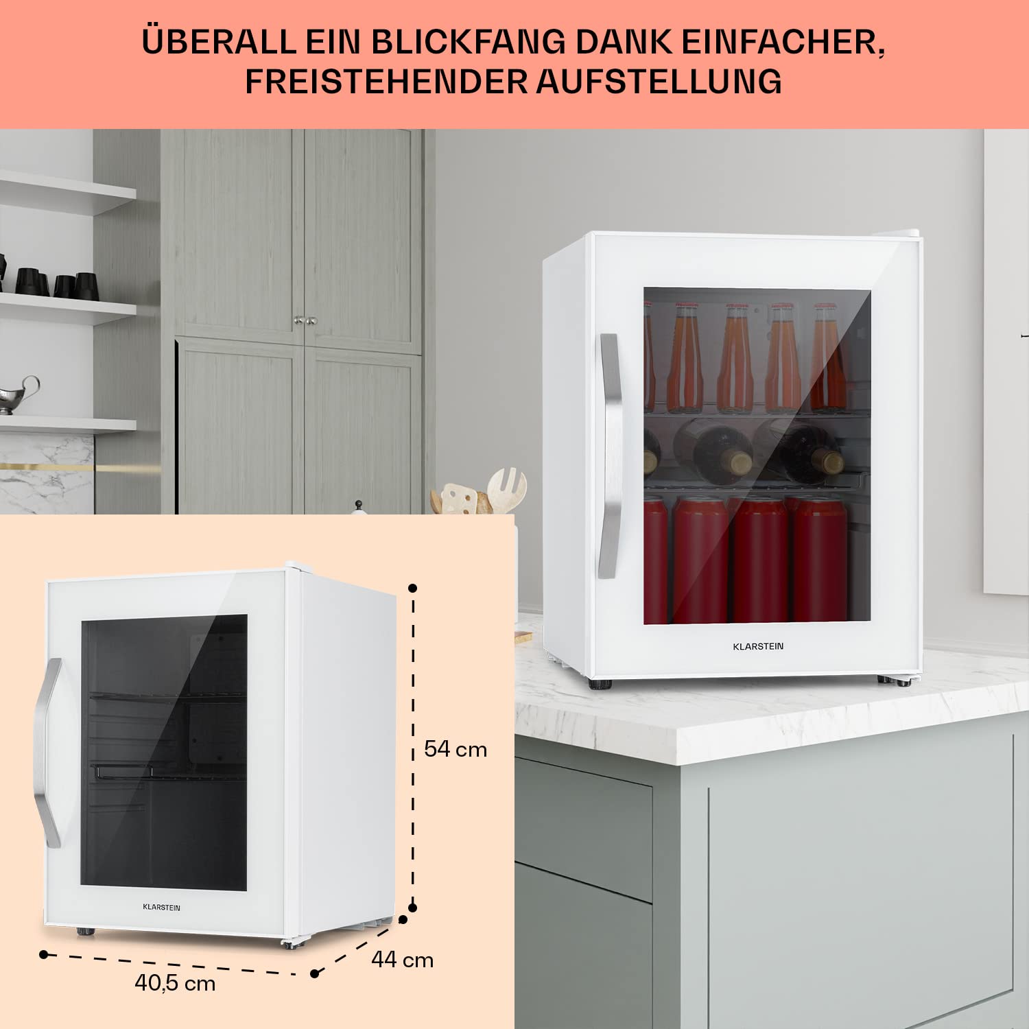 Getränkekühlschrank 33 L – Mini Kühlschrank mit Glastür, Silber-Schwarz | LED-Beleuchtung, herausnehmbare Metallablagen, leise, Flaschenkühlschrank für Getränke & Dosen