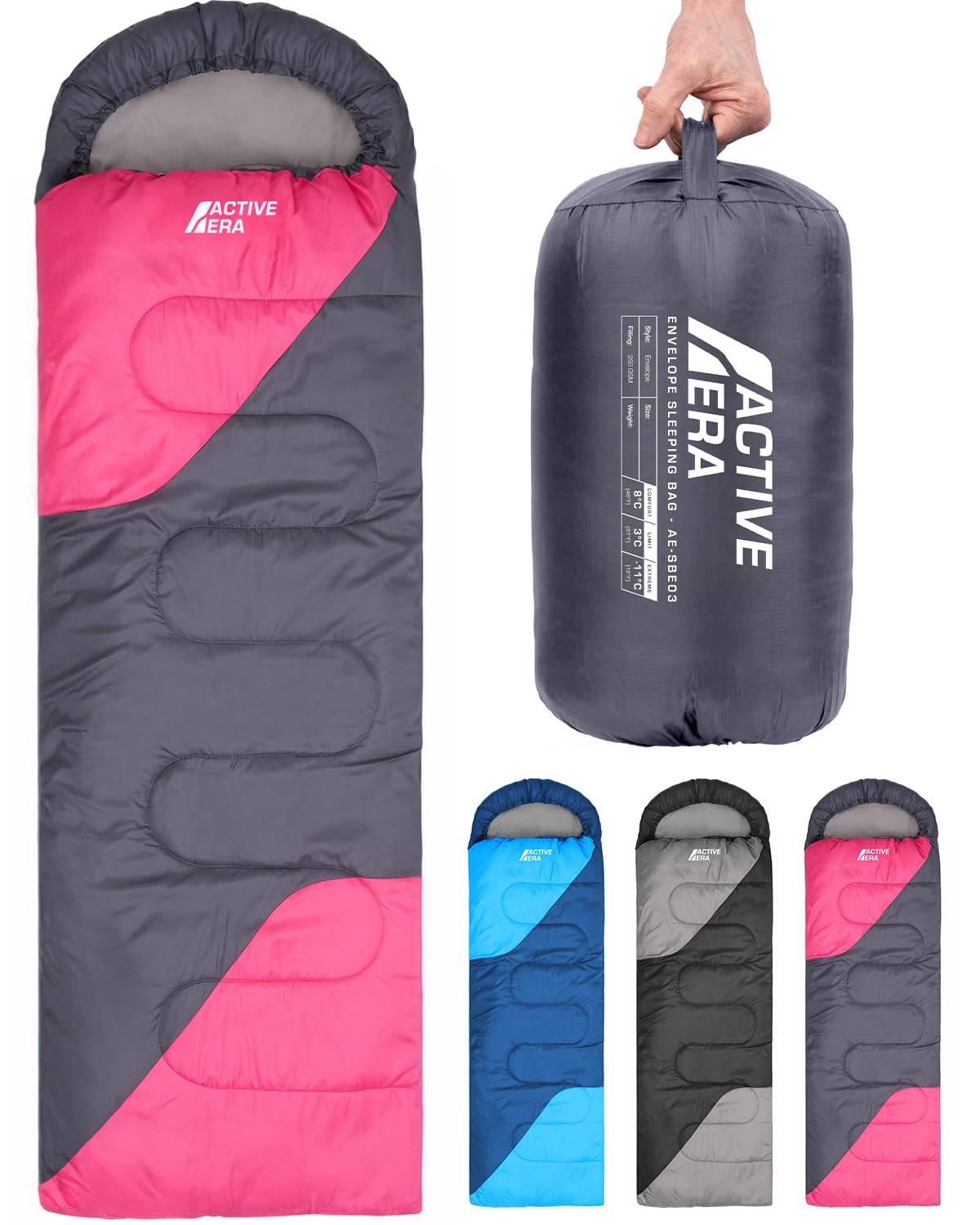 Active Era Premium Mumienschlafsack 250 GSM, Schlafsack Winter & Sommer, 0°C bis 15°C, Indoor und Outdoor Camping, Festivals, Sleeping Bag Wasserabweisend, Ultraleicht, Kleines Packmass