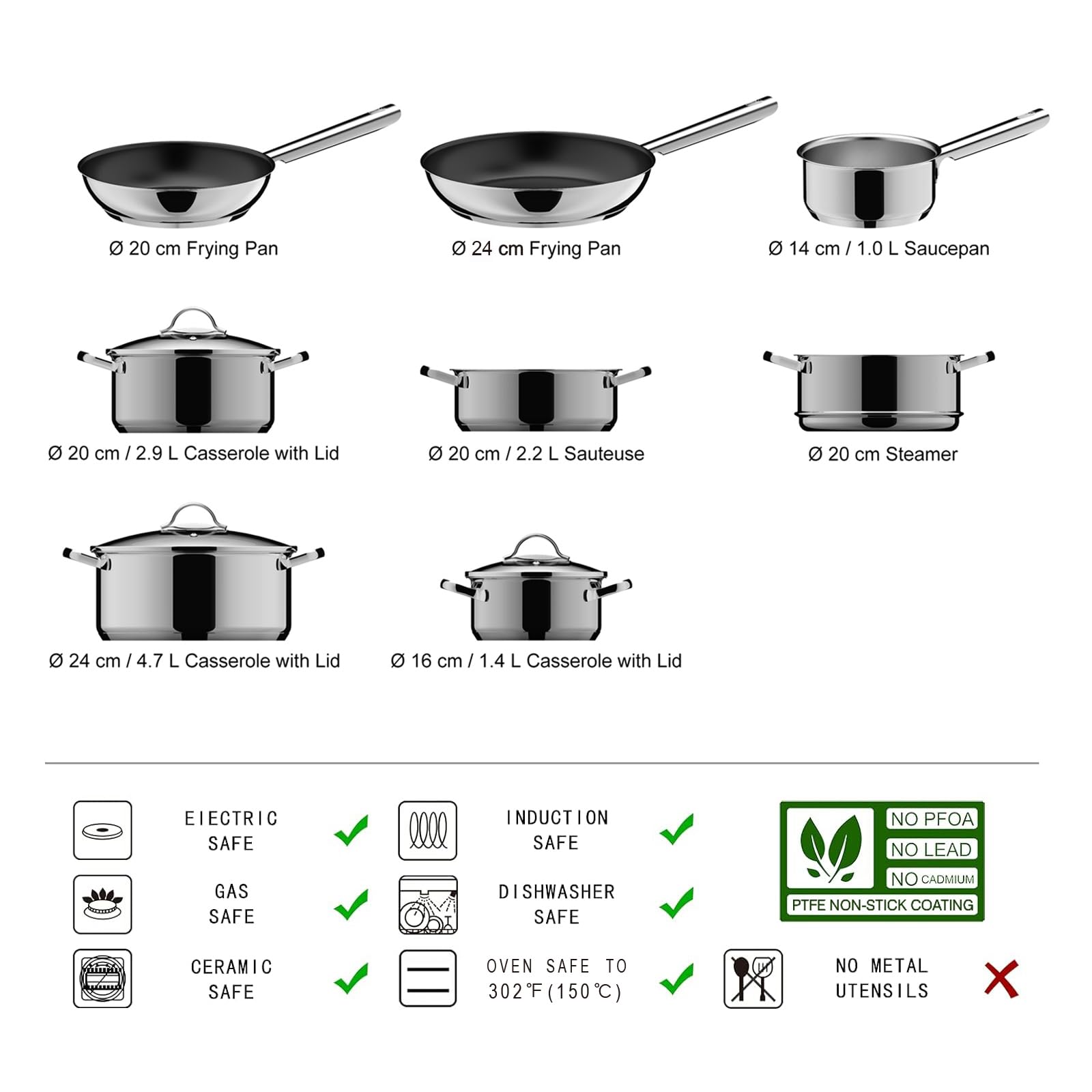 Ensemble de casseroles en acier inoxydable - Batterie de cuisine à induction avec couvercles / Liquidation