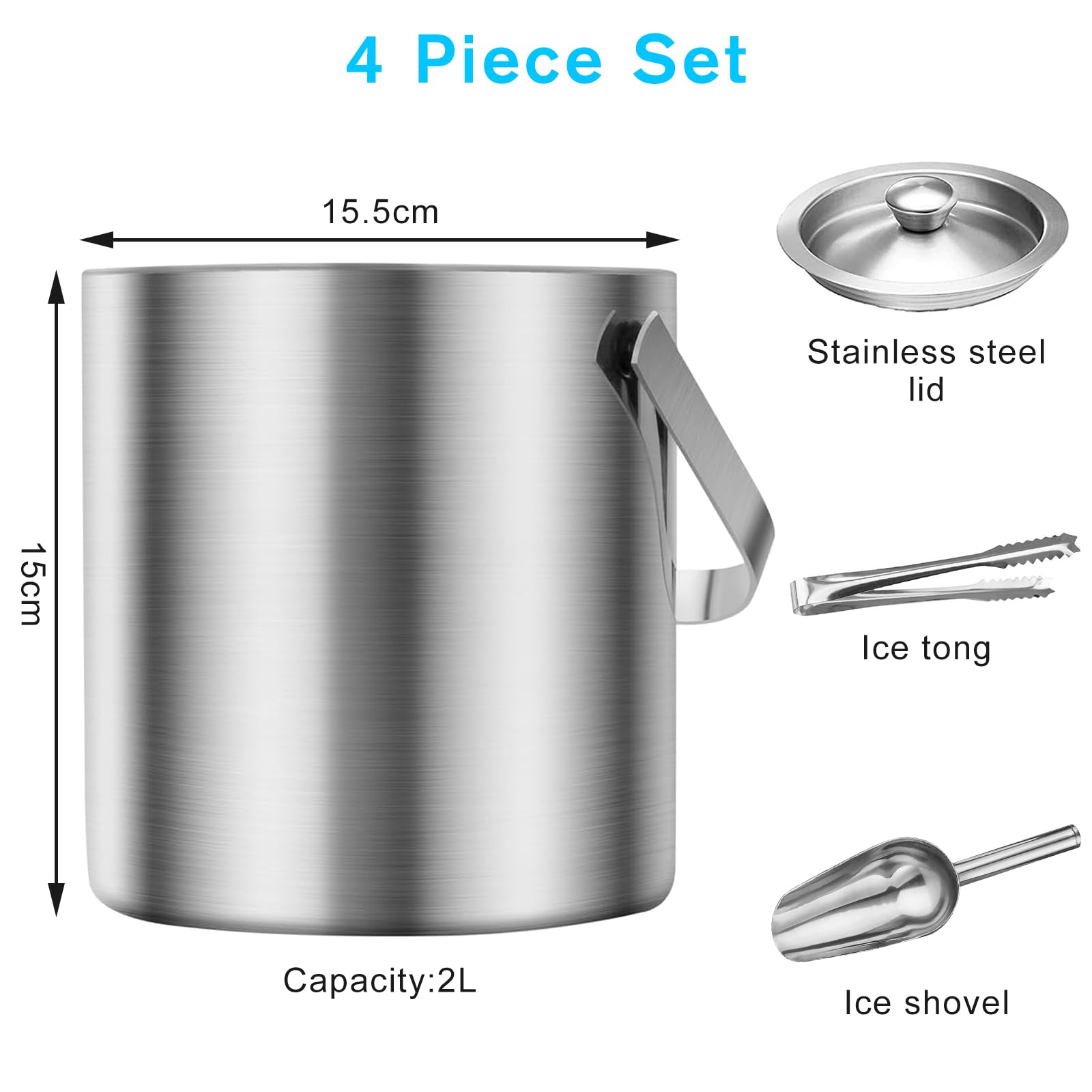 Edelstahl Eiswürfelschale, 1,6 L Eisküche mit Doppelwanddesign, Eiskübel für Eiswürfel, Eiskübel mit Deckel- und Eisschaufel & Zange, Tragbarer Eiskühler zum Kühlen von Bier, Champagner, Wein