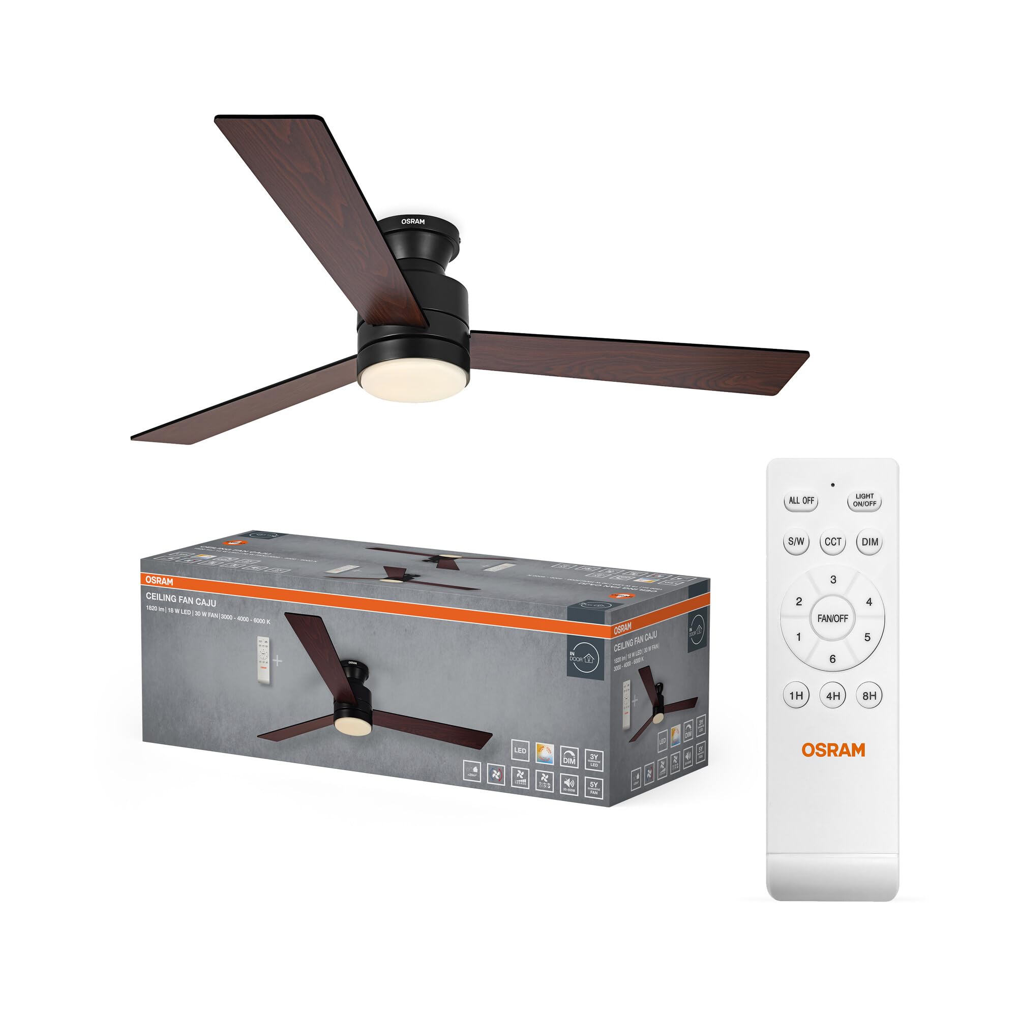 LED-Deckenventilator Caju, 48W, CCT, Holzoptik, IP20, für den Innenbereich, 6 Geschwindigkeitsstufen, steuerbar per Fernbedienung,