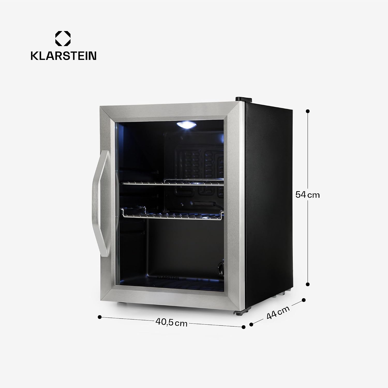 Getränkekühlschrank 33 L – Mini Kühlschrank mit Glastür, Silber-Schwarz | LED-Beleuchtung, herausnehmbare Metallablagen, leise, Flaschenkühlschrank für Getränke & Dosen