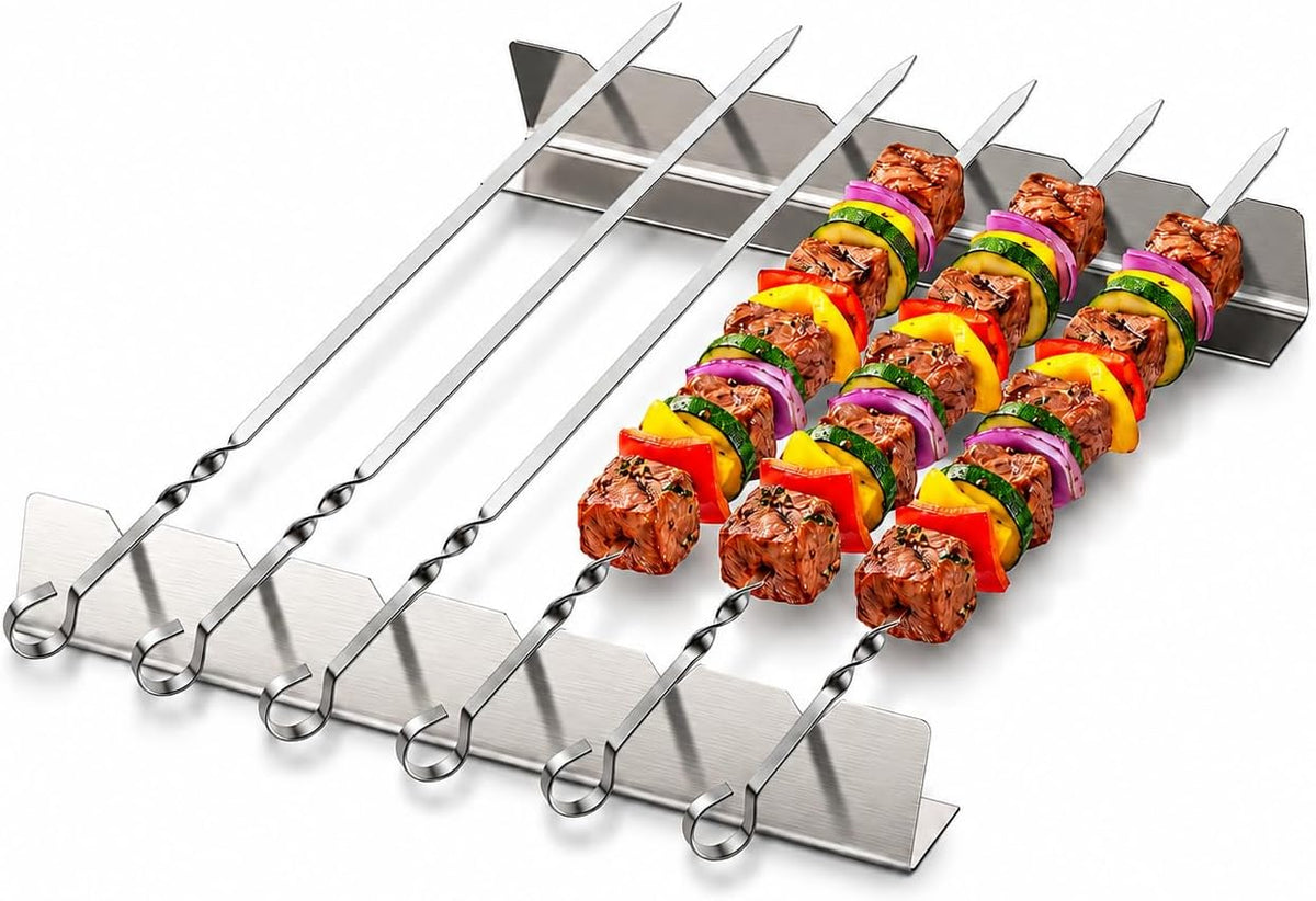 SchaschlikspieĂe Set, 6 StĂŒck 40,5 cm Edelstahl GrillspieĂe mit 2 Ă 30 cm SpieĂhalter, Flache BBQ SpieĂe fĂŒr Schaschlik, Fleisch und GemĂŒse, Wiederverwendbare GrillspieĂe, Grillzubehör
