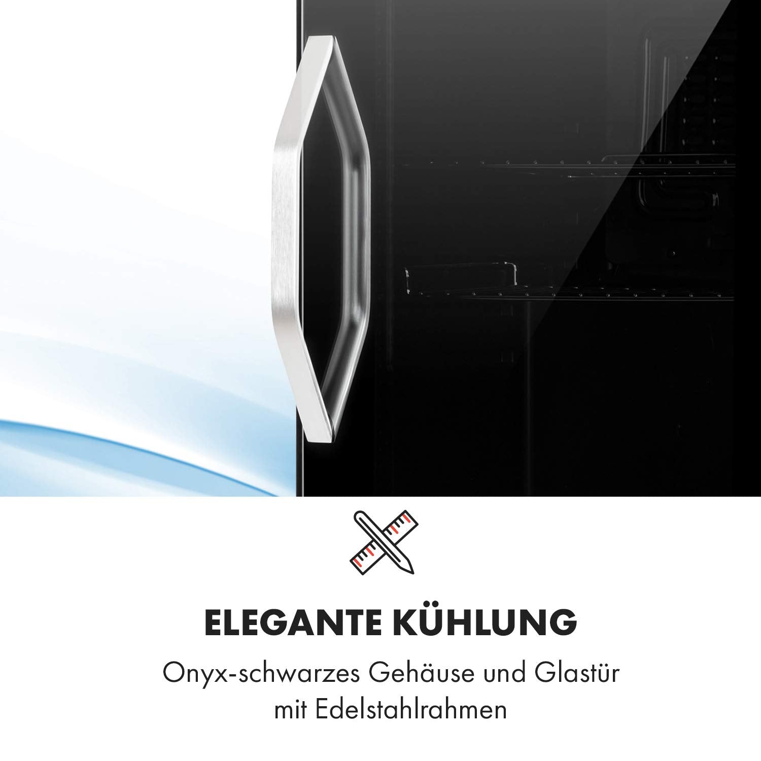 Getränkekühlschrank 33 L – Mini Kühlschrank mit Glastür, Silber-Schwarz | LED-Beleuchtung, herausnehmbare Metallablagen, leise, Flaschenkühlschrank für Getränke & Dosen
