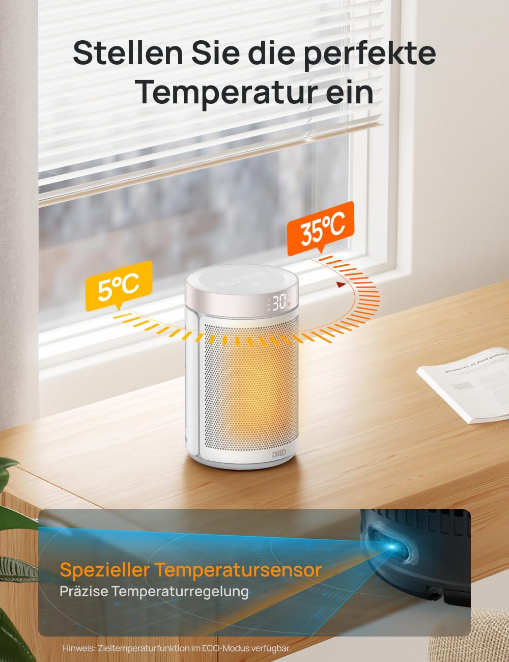 Energiesparender Heizlüfter, 34 dB Leiser 1500W Elektrischer PTC Keramik, Thermostat, Überhitzungs- & Kippschutz, 12 Std. Timer, Elektroheizung für Räume Schlafzimmer, Heater 316, Gold