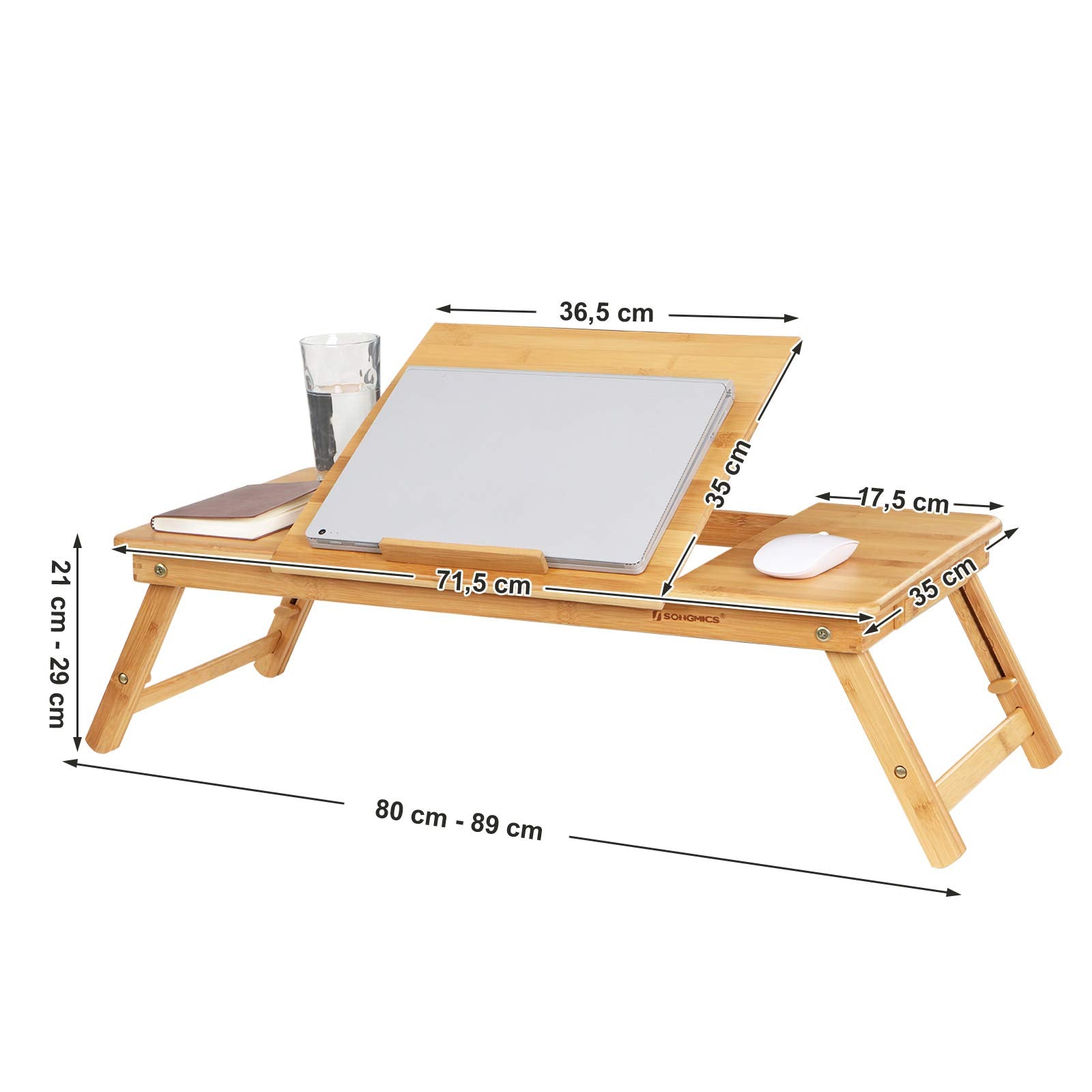 Laptoptisch für Bett, Laptopständer, Winkel- und höhenverstellbar, klappbare Beine, für Laptops bis 15,6 Zoll, Arbeiten, Lesen, Bambusbeine, Schublade, 55,5 x 34,9 cm, vintagebraun LLD105B01