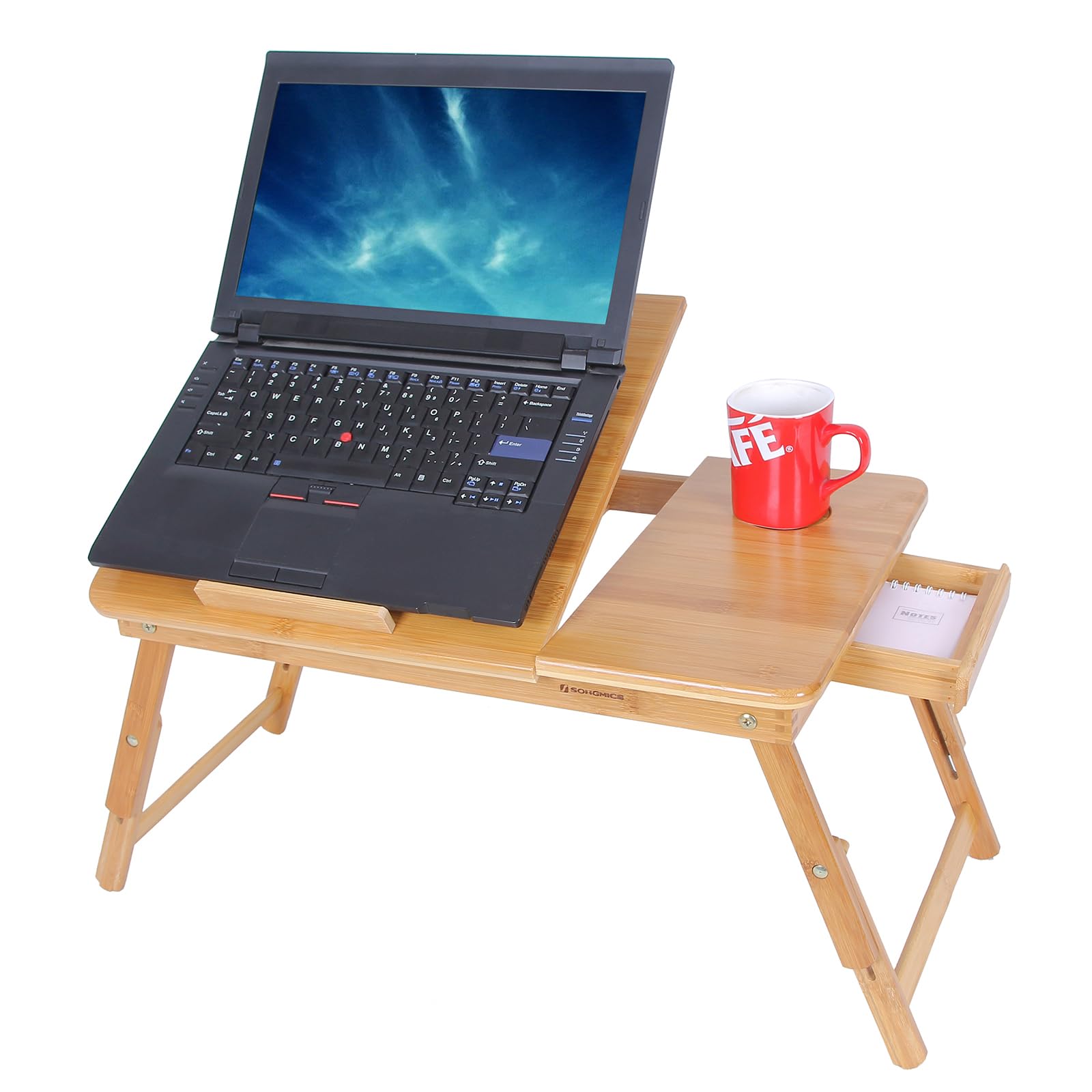 Laptoptisch für Bett, Laptopständer, Winkel- und höhenverstellbar, klappbare Beine, für Laptops bis 15,6 Zoll, Arbeiten, Lesen, Bambusbeine, Schublade, 55,5 x 34,9 cm, vintagebraun LLD105B01