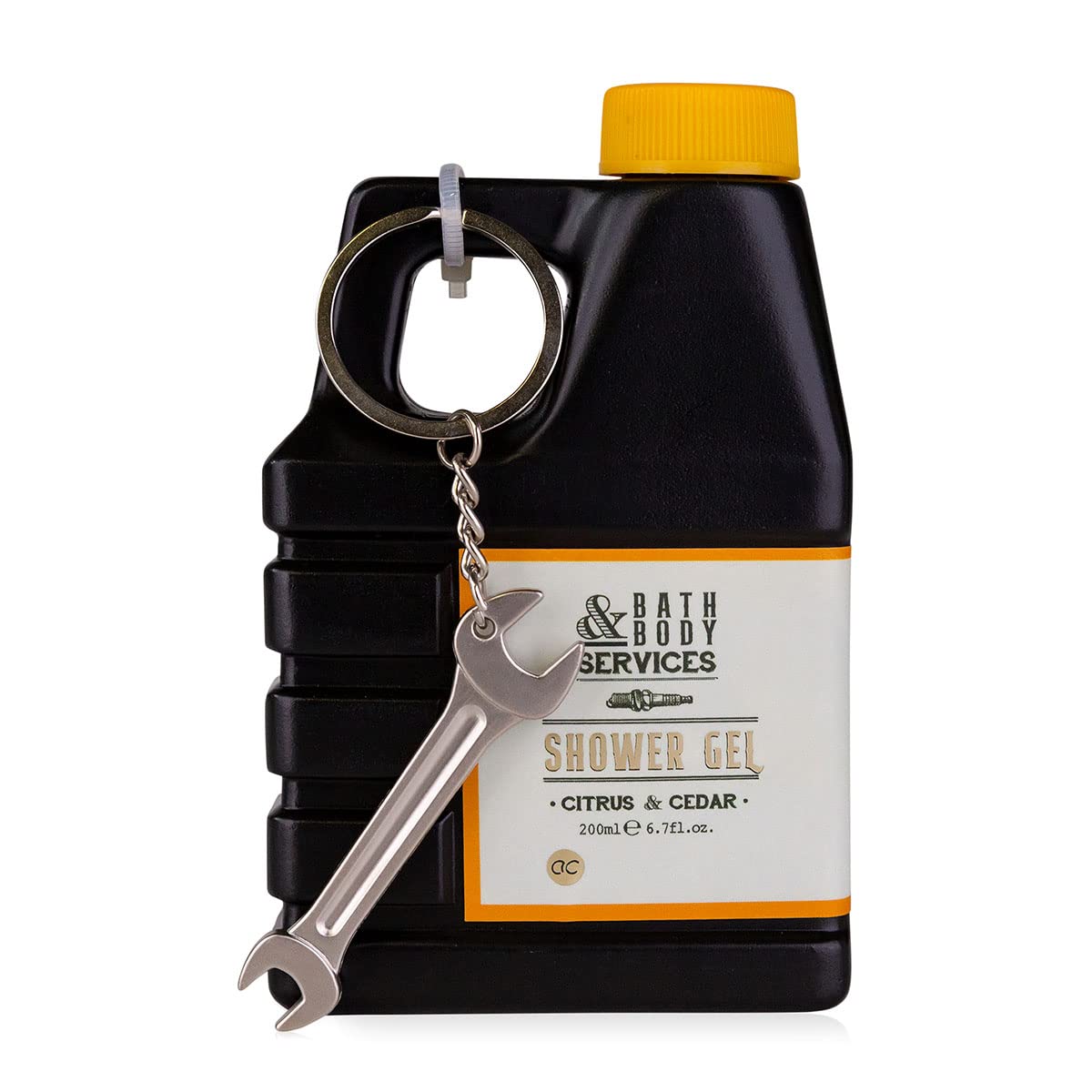 Duschgel BATH & BODY SERVICES für Herren, 200 ml Duschgel im Ölkanister Design mit Schraubenschlüssel Schlüsselanhänger, Geschenkidee für Männer zum Valentinstag und Geburtstag