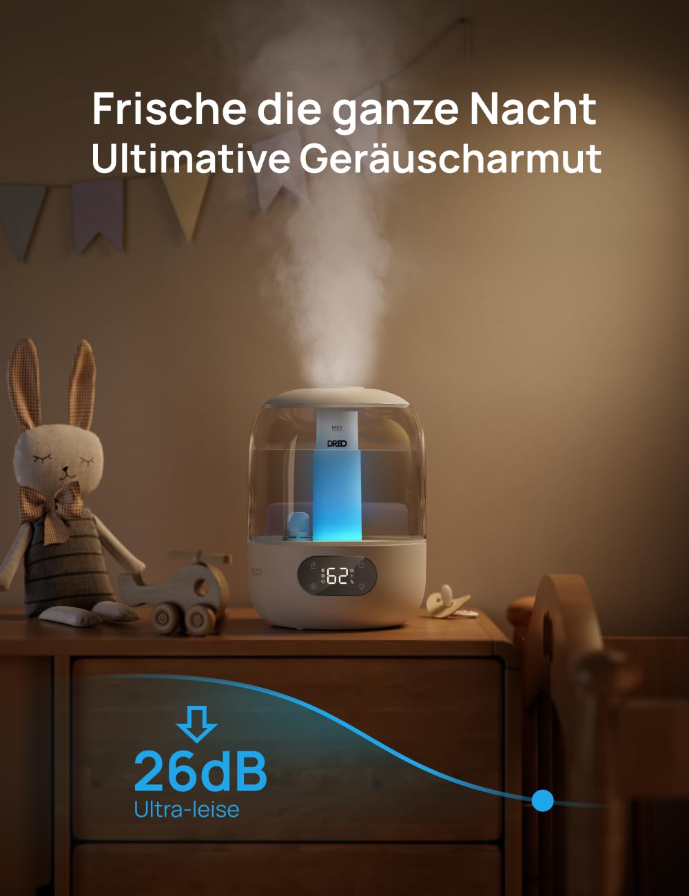 Luftbefeuchter für das Schlafzimmer, Kaltnebel-Ultraschallgerät mit 30 Stunden Laufzeit, 3L Top-Fill-Tank, Feuchtigkeitssensor, Nachtlicht für Babys, Kinderzimmer, für Pflanzen und Zuhause