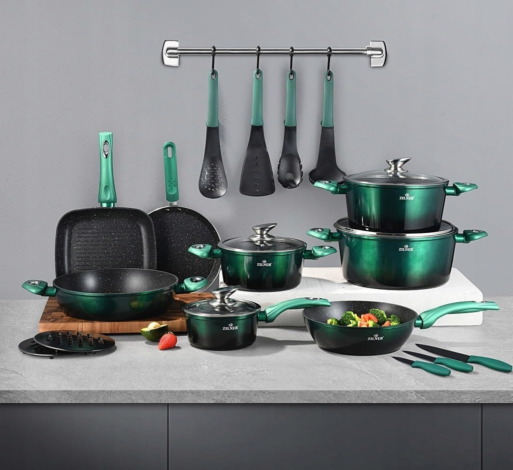 Ensemble de casseroles et poêles - Batterie de cuisine 21 pièces - revêtement en marbre - avec couvercles en verre / Vente de liquidation - NEUF ET SCELLÉ !