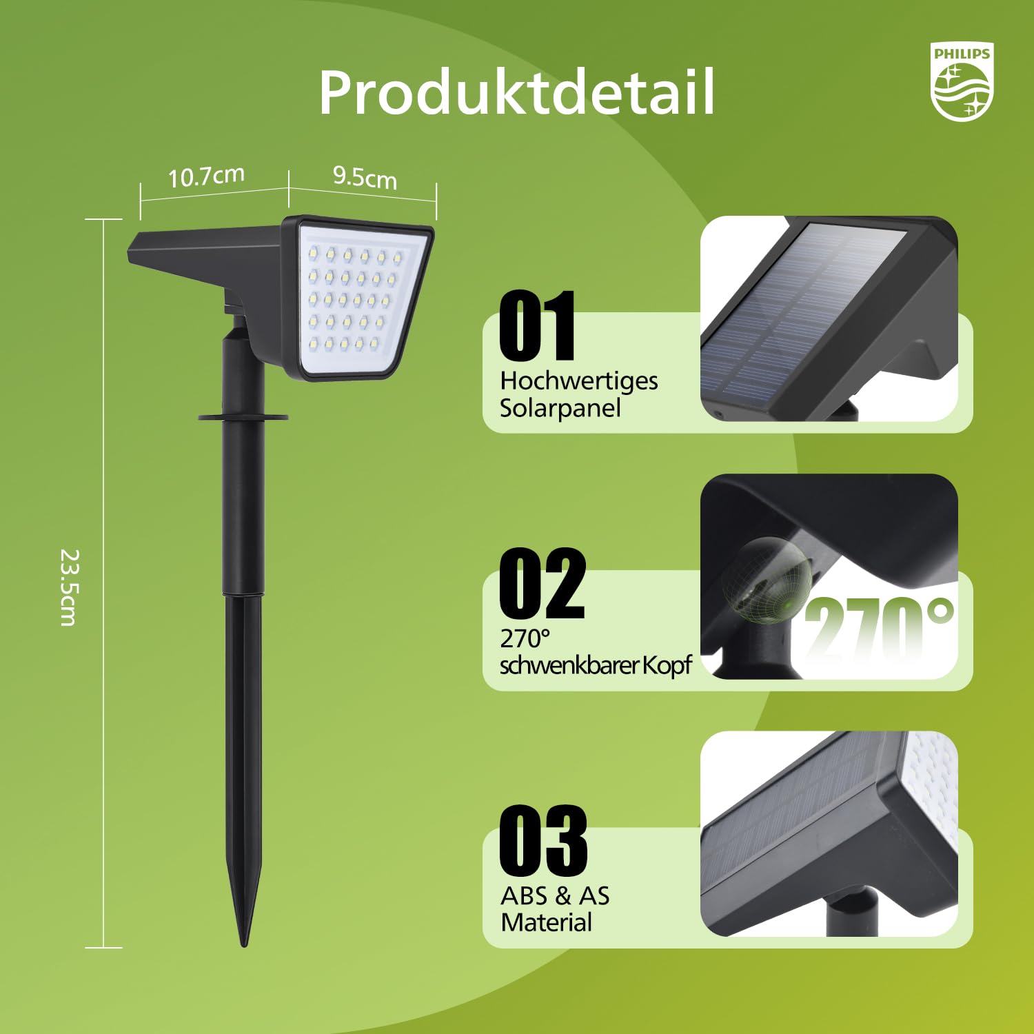 Philips 4 Stück Solarstrahler für Außen Garten, 28 LEDs 7500K Kaltweiß Solarbetriebene Landschaftsbeleuchtung, Wasserdicht Wegeleuchten, Dusk to Dawn – Für Garten, Hof, Rasen, Gehweg