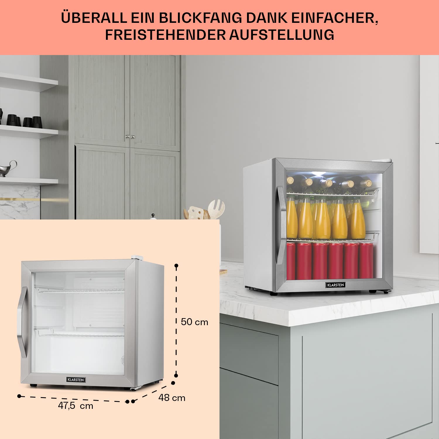 Getränkekühlschrank 33 L – Mini Kühlschrank mit Glastür, Silber-Schwarz | LED-Beleuchtung, herausnehmbare Metallablagen, leise, Flaschenkühlschrank für Getränke & Dosen