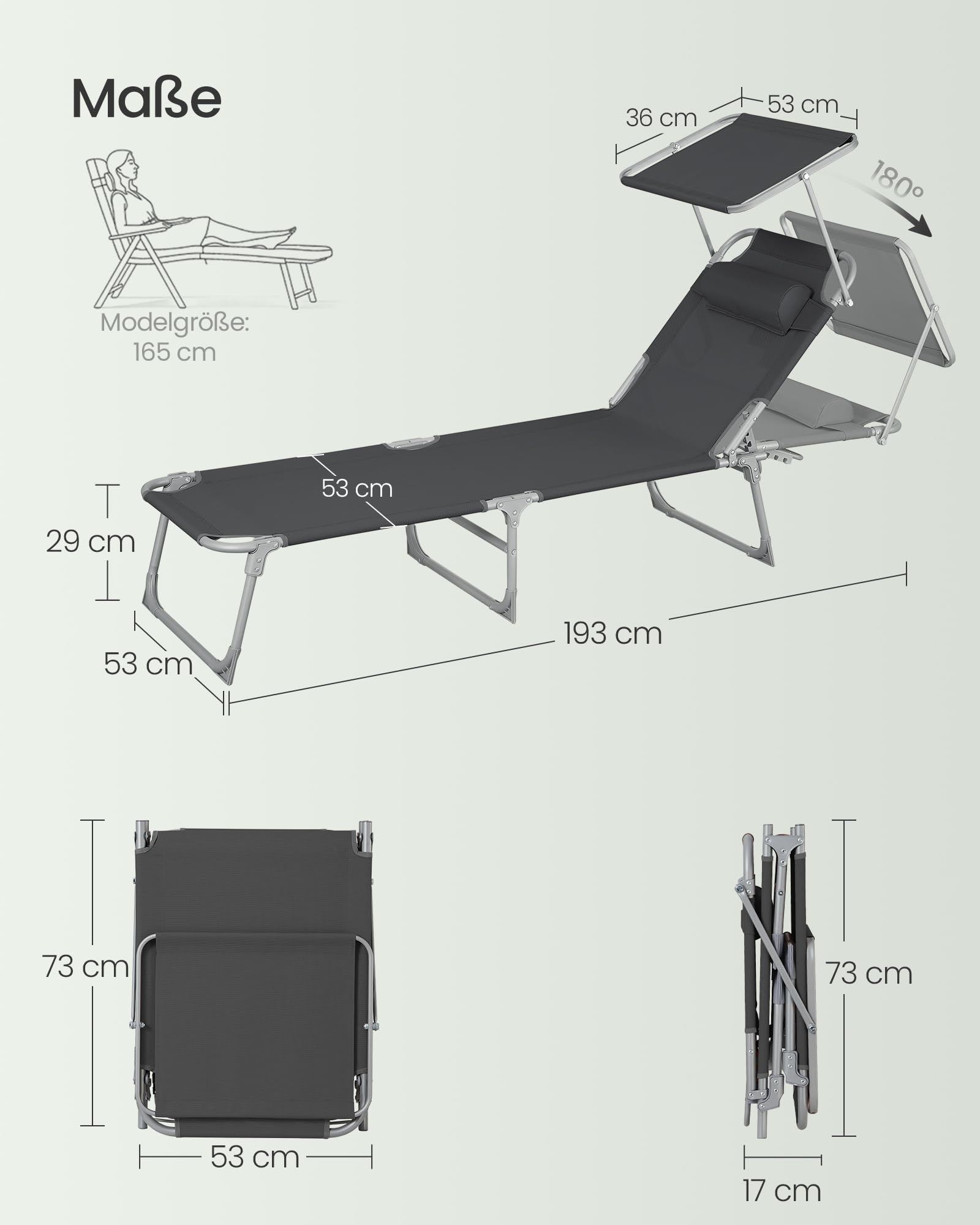 Sonnenliege, klappbarer Liegestuhl, 193 x 53 x 29 cm, trägt bis zu 150 kg, Sonnenschutz, Kopfkissen, verstellbare Rückenlehne, für Garten, Pool, Terrasse