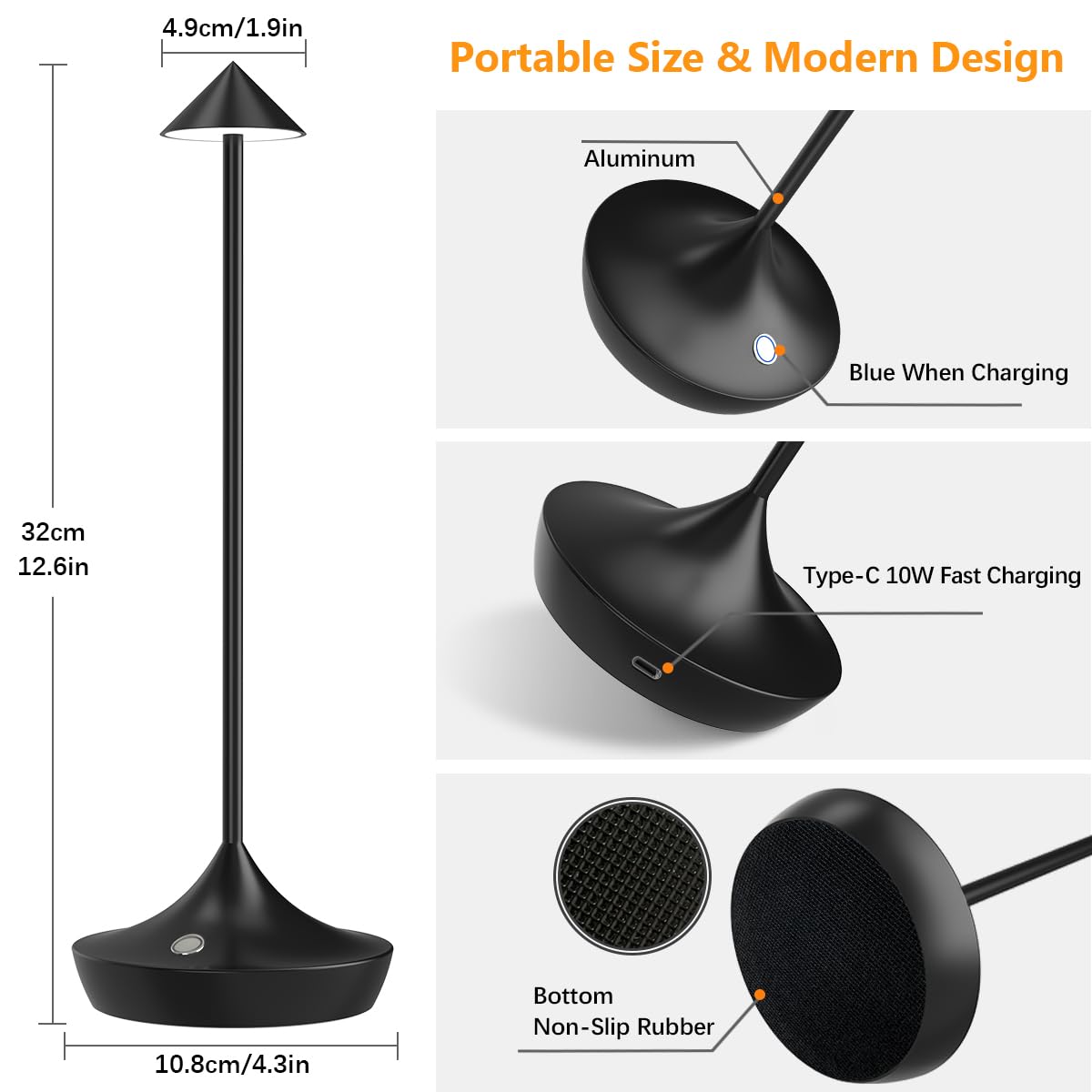 LED-Batterie Tischlampe Drahtloses , modernem Aluminium Dimmable Wireless Tischlampe 6000 mAh, wasserdicht, Tischlampen wiederaufladbar für Innen-Aussentisch Tisch Restaurant