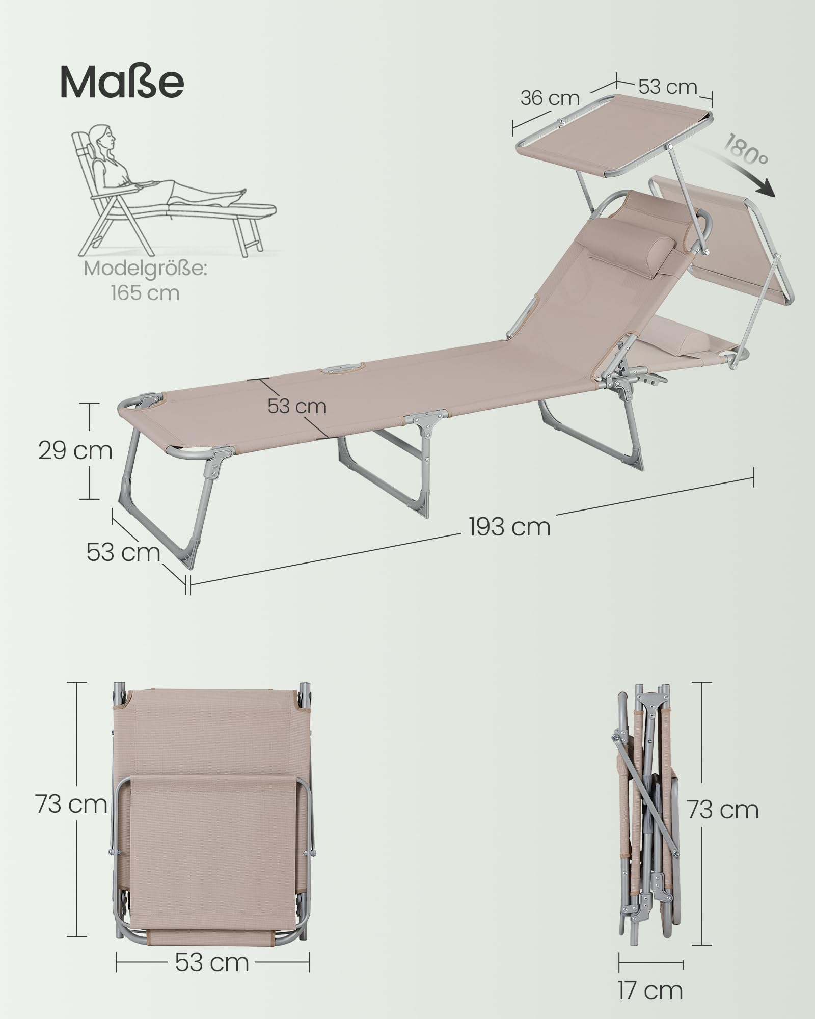 Sonnenliege, klappbarer Liegestuhl, 193 x 53 x 29 cm, trägt bis zu 150 kg, Sonnenschutz, Kopfkissen, verstellbare Rückenlehne, für Garten, Pool, Terrasse