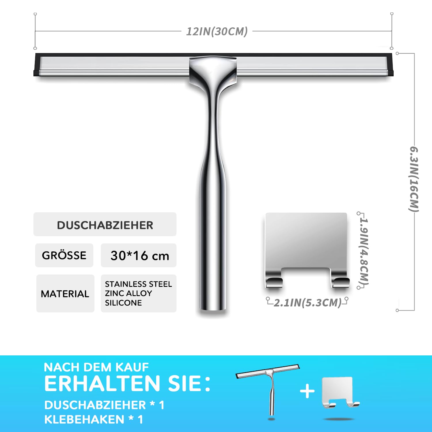 Edelstahl Duschabzieher Mit Selbstklebe Haken, Silber Abzieher Dusche Wischer für Badezimmer, Kurzer Handgriff Glaswischer, Glas Wasserschieber, Duschwand Abzieher, Badwischer