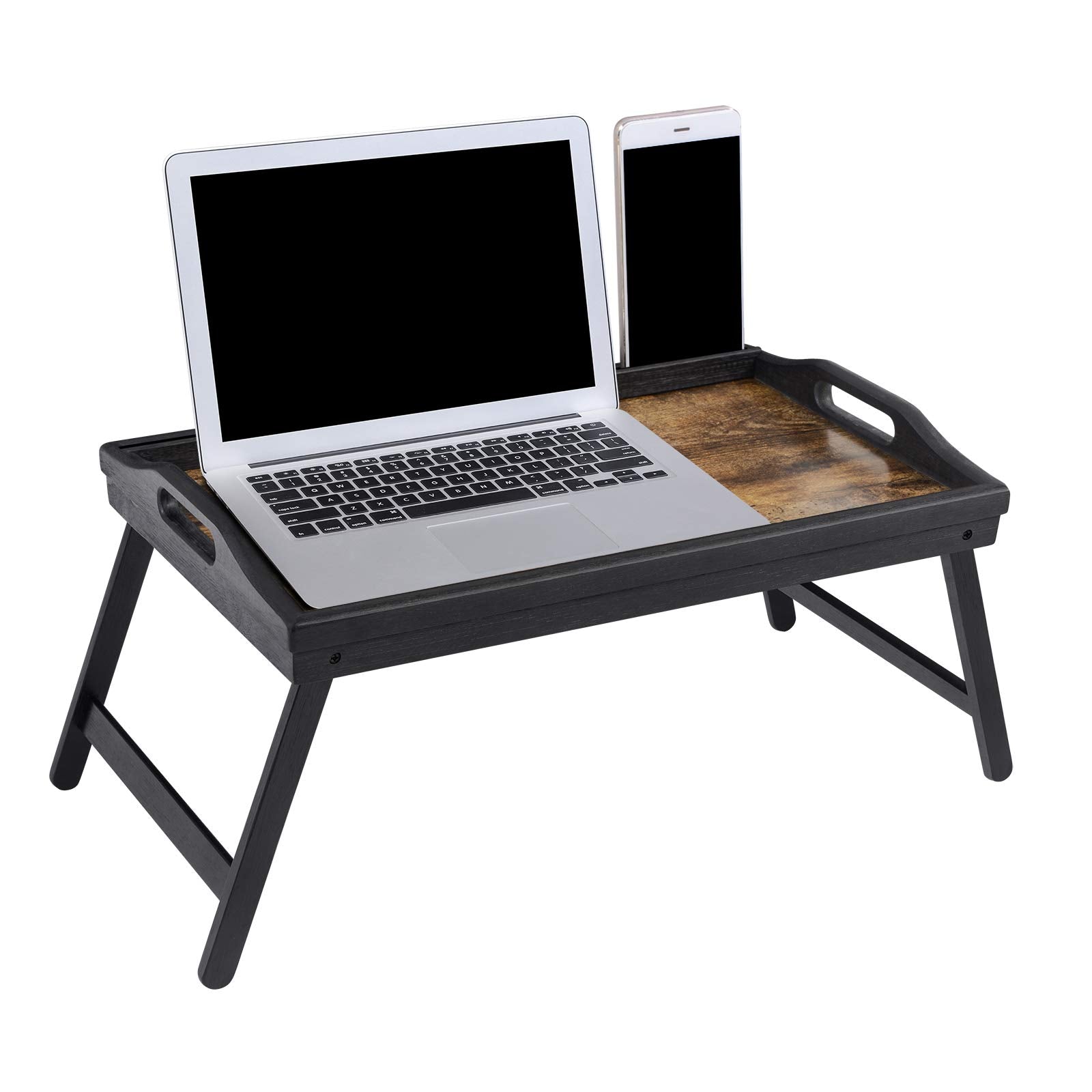 Laptoptisch für Bett, Laptopständer, Winkel- und höhenverstellbar, klappbare Beine, für Laptops bis 15,6 Zoll, Arbeiten, Lesen, Bambusbeine, Schublade, 55,5 x 34,9 cm, vintagebraun LLD105B01
