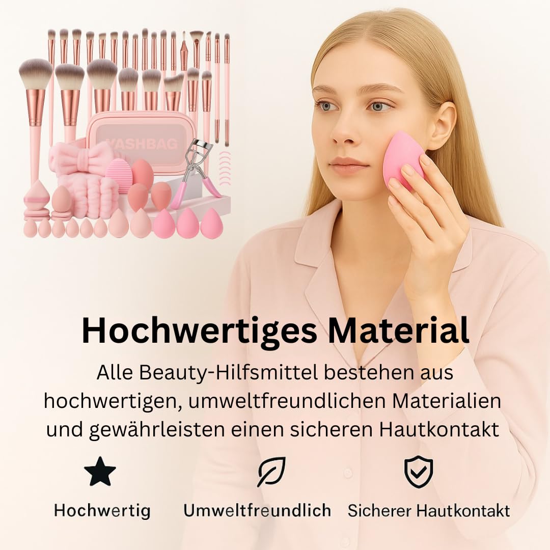 61-teiliges Make-Up Pinselset mit Schwämmen & Tasche – Schminkpinsel für Foundation, Puder & Augen – inkl. Wimpernzange