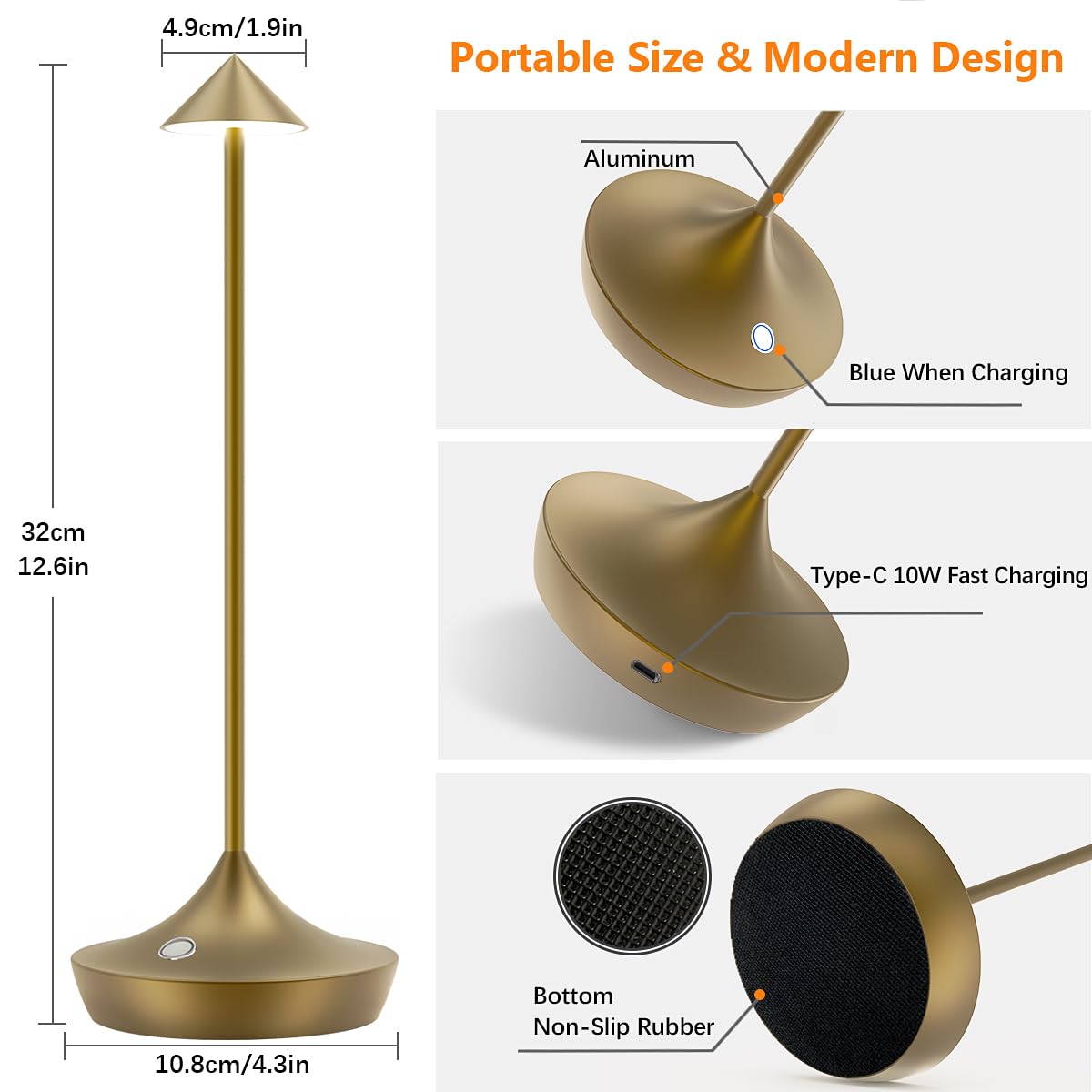 LED-Batterie Tischlampe Drahtloses , modernem Aluminium Dimmable Wireless Tischlampe 6000 mAh, wasserdicht, Tischlampen wiederaufladbar für Innen-Aussentisch Tisch Restaurant