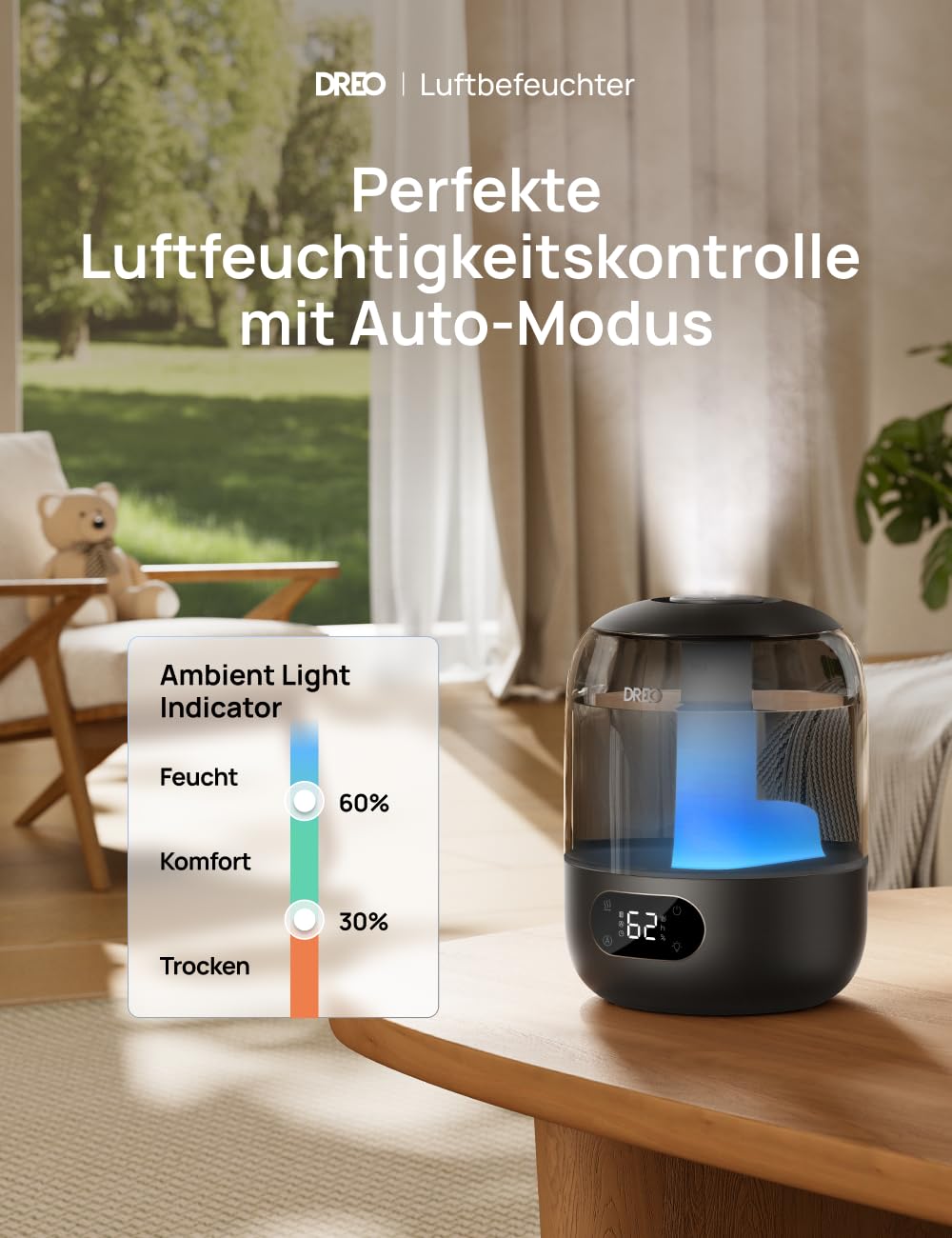 Luftbefeuchter für das Schlafzimmer, Kaltnebel-Ultraschallgerät mit 30 Stunden Laufzeit, 3L Top-Fill-Tank, Feuchtigkeitssensor, Nachtlicht für Babys, Kinderzimmer, für Pflanzen und Zuhause