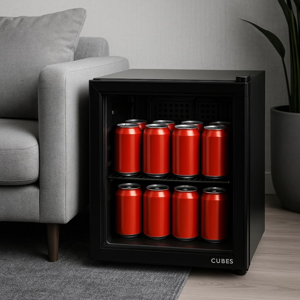 Mini-Kühlschrank, Schwarz, 48 L, Ruhig und Energieeffizient, Kompakt-Getränkekühlschrank mit Glastür, Perfekt für Büro, Gaming & Camping, Kleiner Kühlschrank Mini Kühlschrank