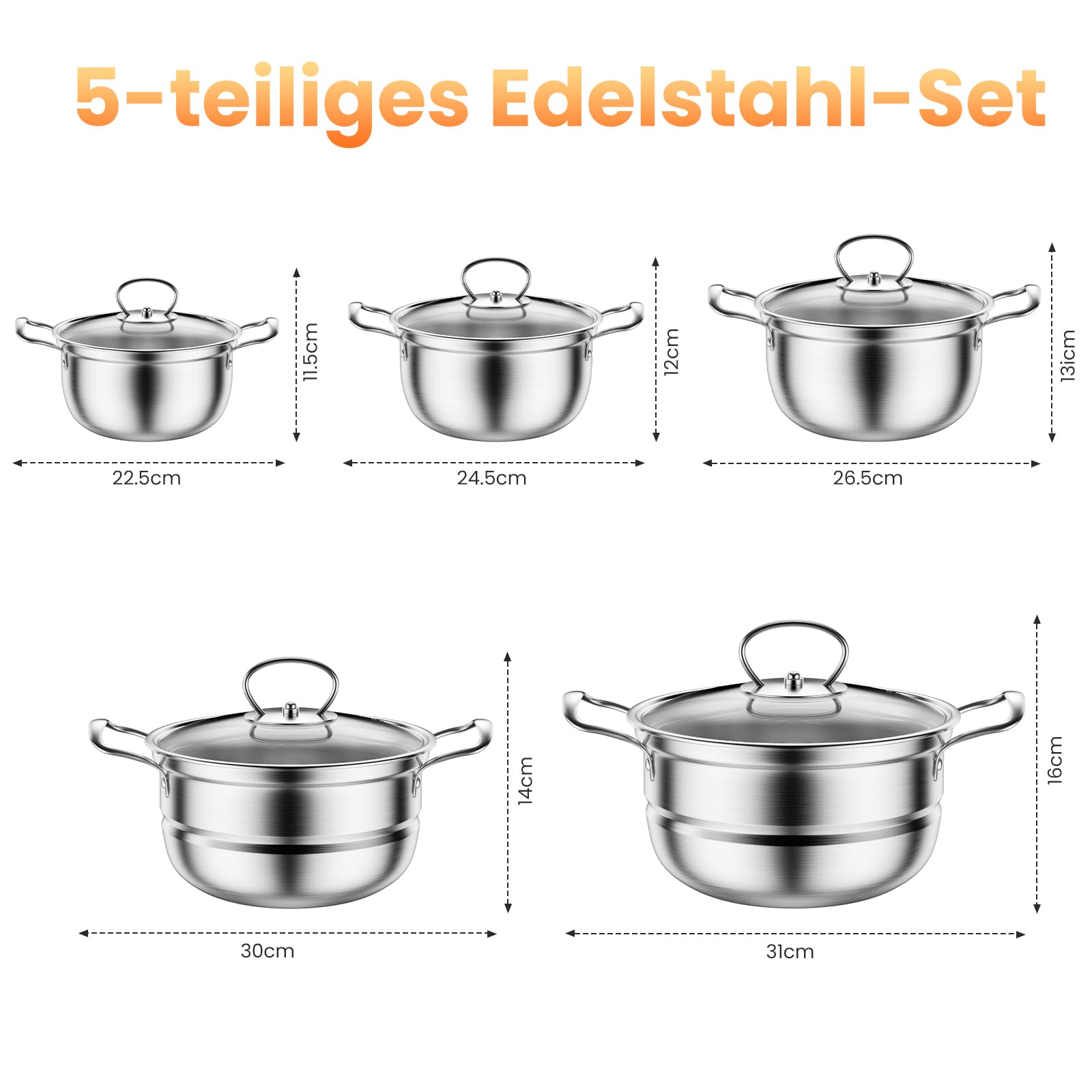 Edelstahl Saucepan Set, 12-teilige Töpfe Set mit Dampfer und Löffel, großes Kochgeschirr, Induktionskochtopf Set, Töpfe Set