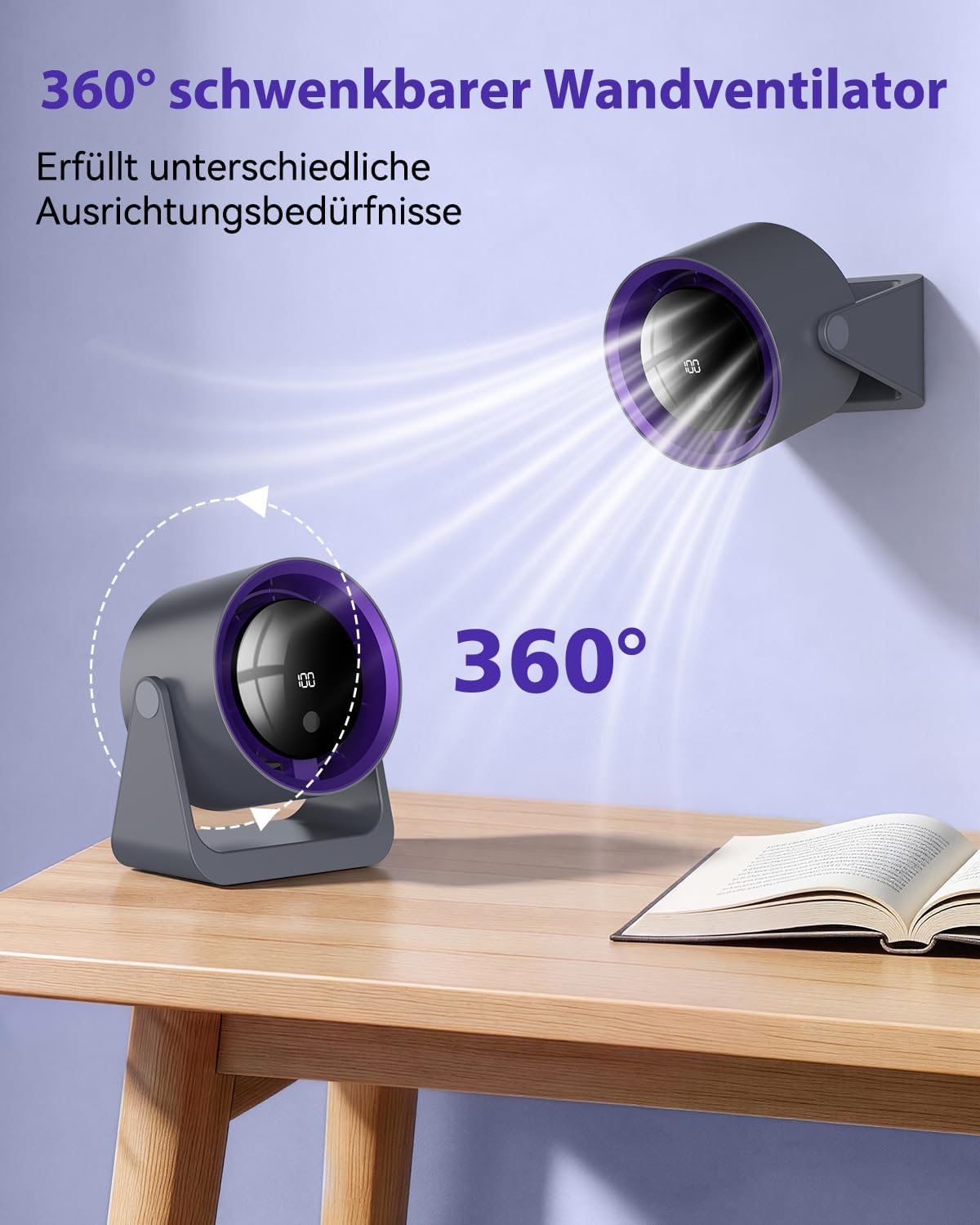 Leiser Turbo Tischventilator mit Digitalem LED-Display, 100-stufig einstellbar & 360° neigbar - 3600mAh USB-wiederaufladbar - Ideal für Büro, Schlafzimmer, Zuhause & Outdoor