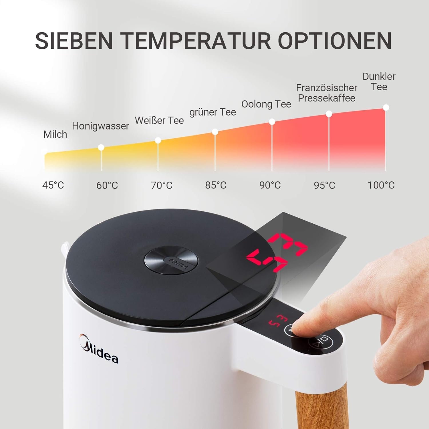 Edelstahl-Kessel mit Temperatureinstellung, 45°C - 100°C, 1,5 Liter, 2200 W Wasserkocher weiß, Teebereiter mit Temperaturanzeige und Sicherheitsfunktionen, BPA-frei, Doppelwanddesign