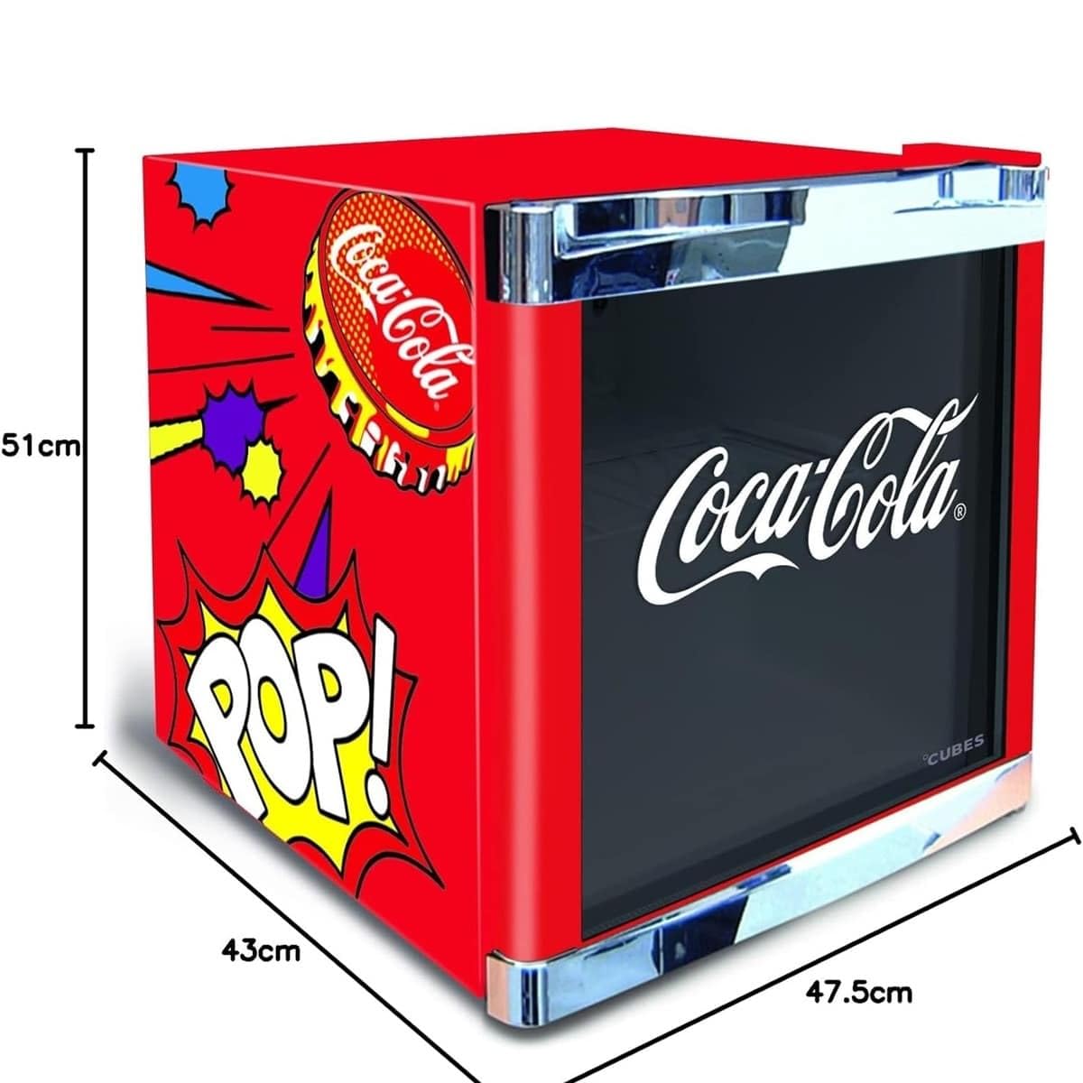 Coca Cola PopArt Kühlschrank 48 L, kleine Getränke Kühlschrank mit Glastür, perfekt für Partys und Handel, energieeffizient, 51 cm hoch, 98 kWh/Jahr - Flaschenkühlschrank Klein