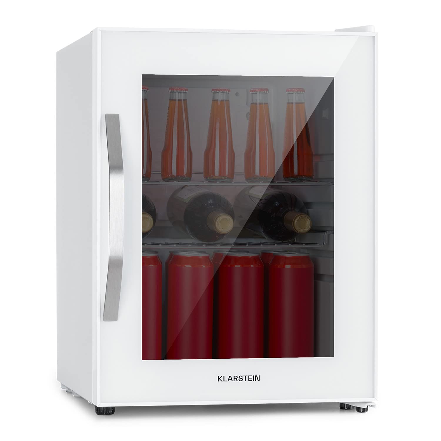 Getränkekühlschrank 33 L – Mini Kühlschrank mit Glastür, Silber-Schwarz | LED-Beleuchtung, herausnehmbare Metallablagen, leise, Flaschenkühlschrank für Getränke & Dosen