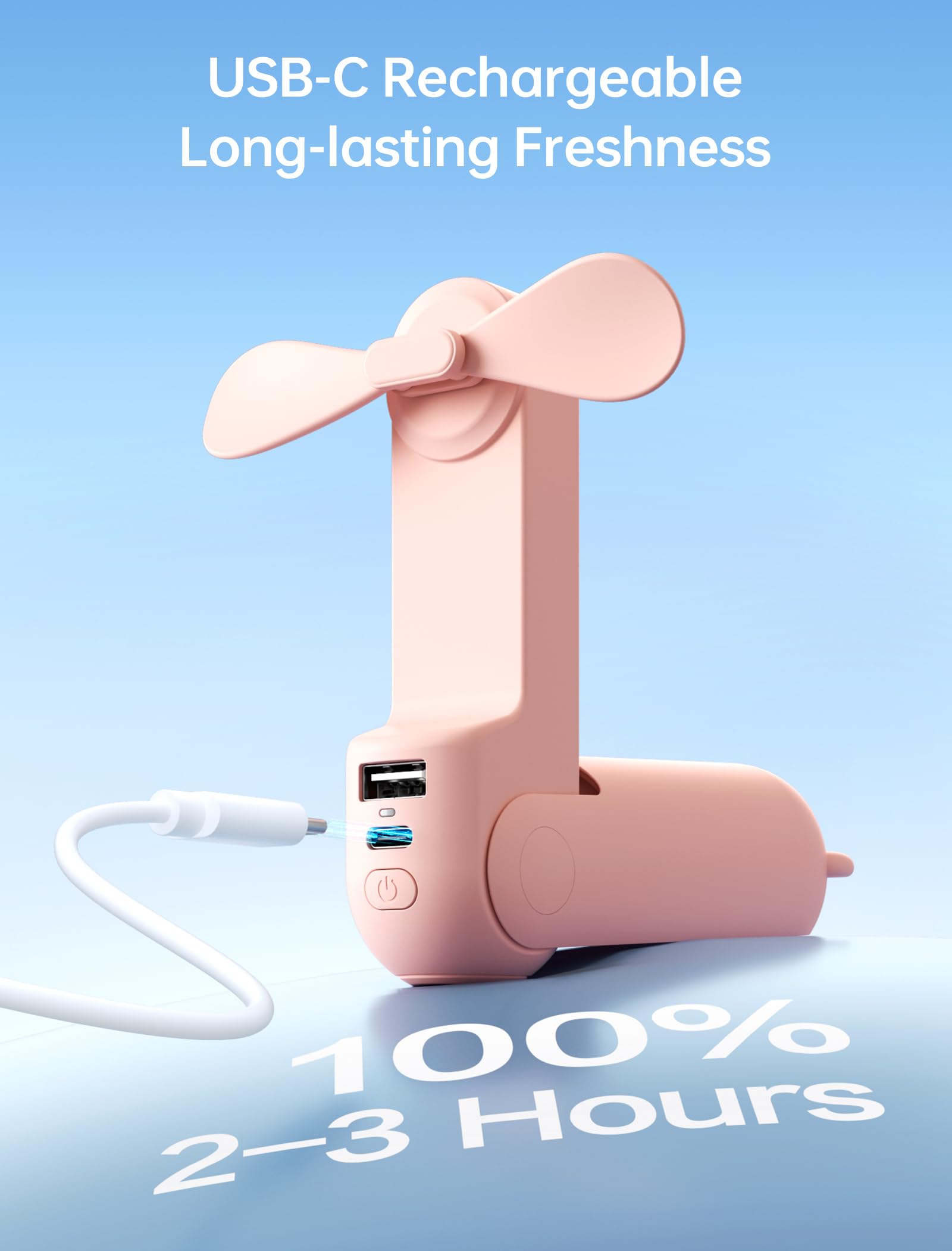 Mini Handventilator, 3-in-1 Handventilator, wiederaufladbarer USB /12–19 Betriebsstunden - mit Powerbank, Taschenlampe, tragbarer Ventilator für Reisen/Sommer, Geschenke für Frauen-Rosa