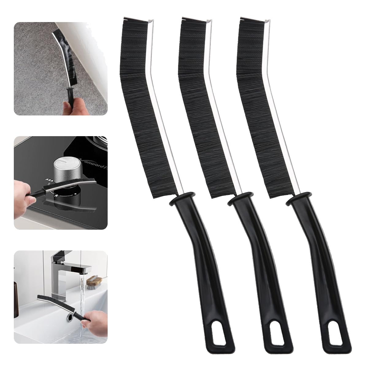 Ensemble de 3 brosses à poils durs pour le nettoyage des coins, des joints, des fentes et des raccords, idéal pour les cuisines et les salles de bain.