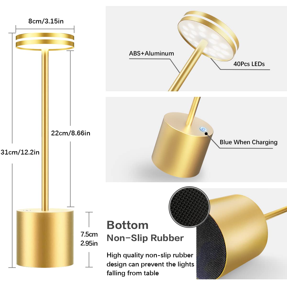 LED Batterie Tischlampen, Wireless, 5000 mAh Modern dimmbar Tischlampe, Aluminium, 3 Farbtemperaturen, Tischlampen Wiederaufladbar für Innen-, Aussen-, Nachttisch, Esstisch, Bar